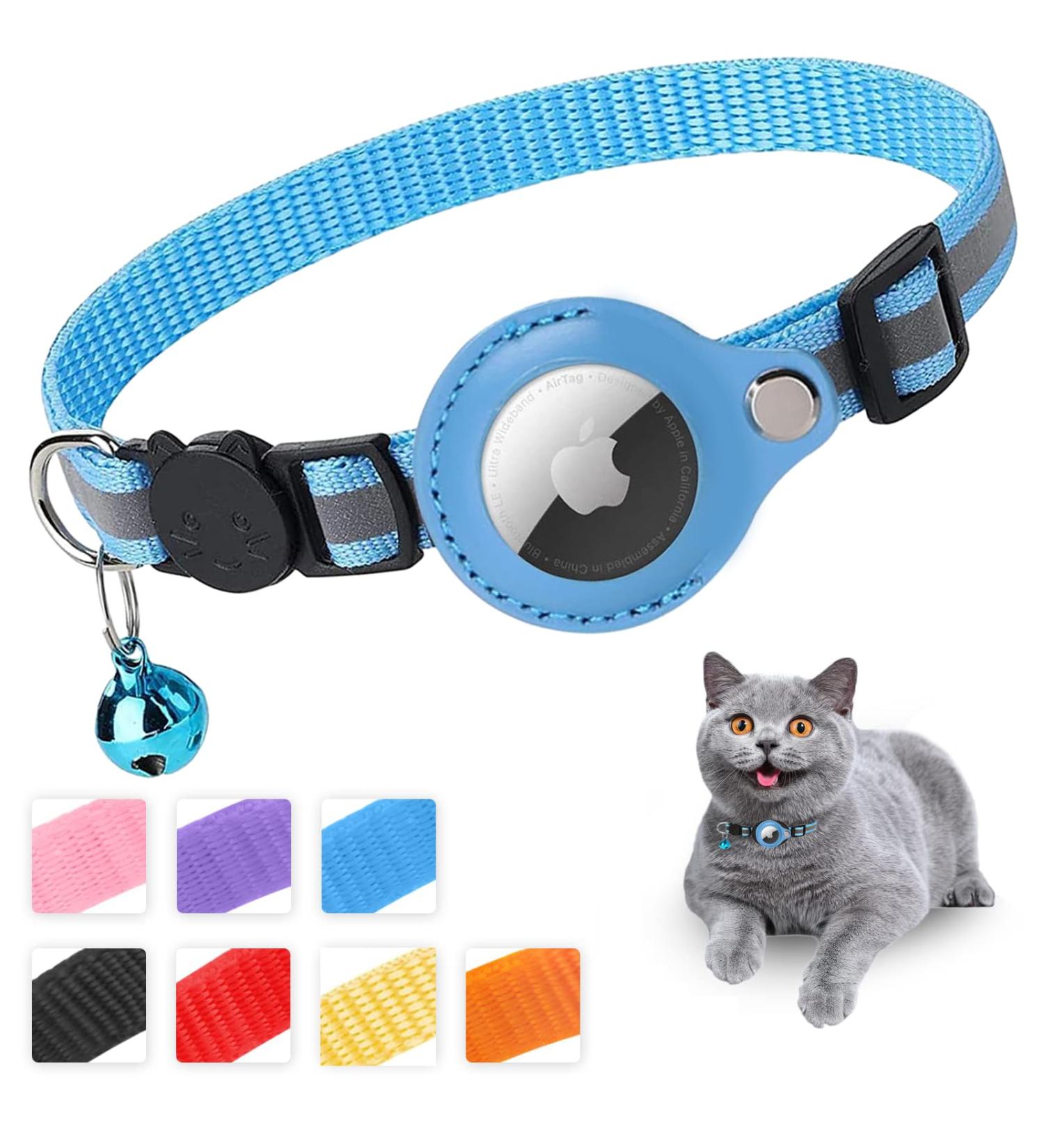 Mouyou Airtag Cat Collar - Soft Reflective Nylon with Bell & Safety Clasp | Adjustable 22-34cm Blue Tracking Collar with Airtag Case - Buy Online on GoSupps.com