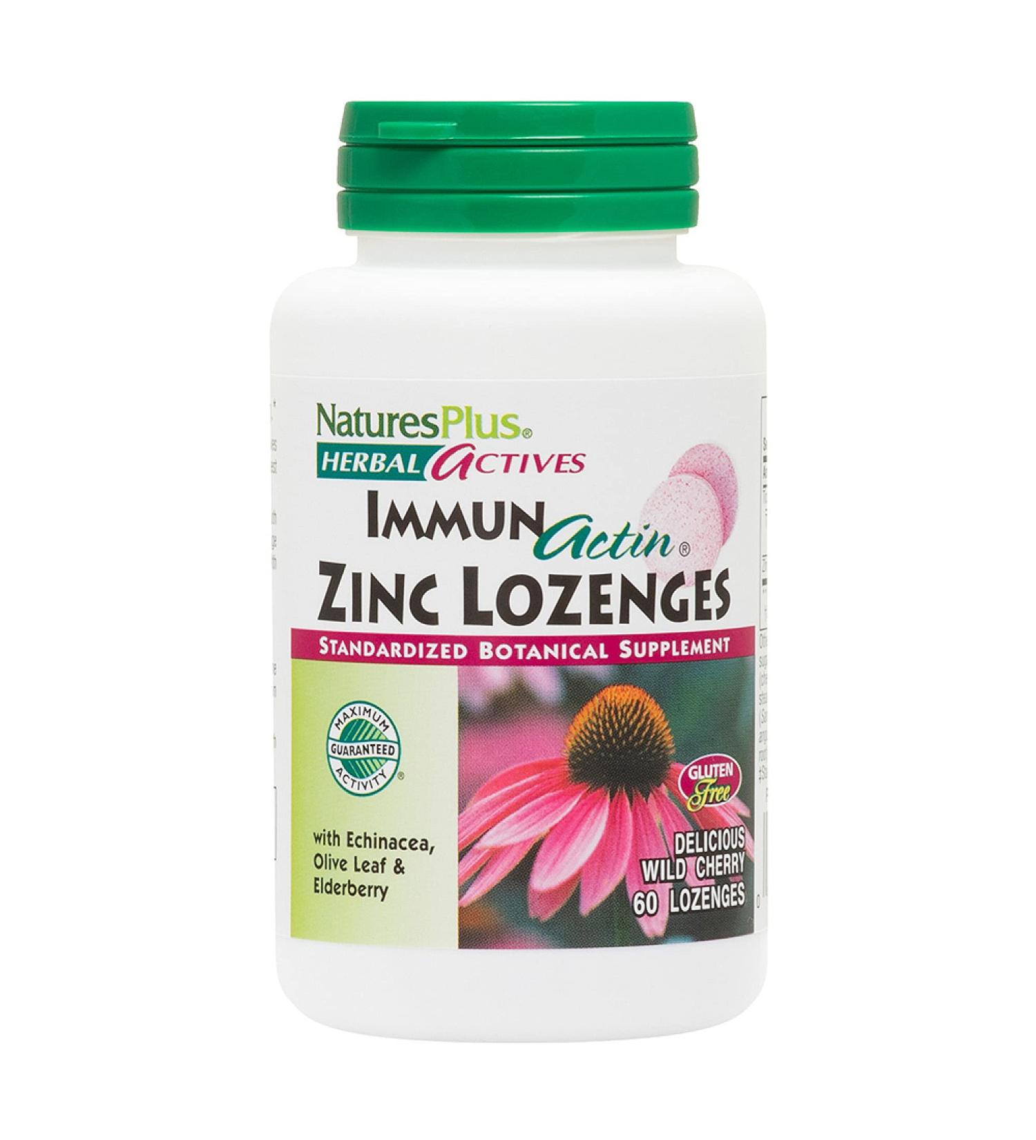 NaturesPlus ImmunActin Zinc Lozenges 10mg - 60 Vegan Lozenges - Immune Booster with Echinacea & Elderberry - Wild Cherry Flavor - Vegetarian & Gluten-Free - Buy Online on GoSupps.com