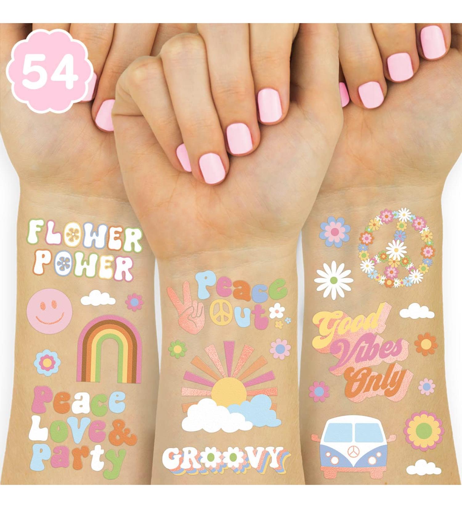 XO Fetti Groovy 70s Temporary Tattoos - 48 Glitter Styles for Flower Power Birthday Party | Good Vibes Only Favors with Smiley, Rainbow Arts and Crafts - Buy Online on GoSupps.com