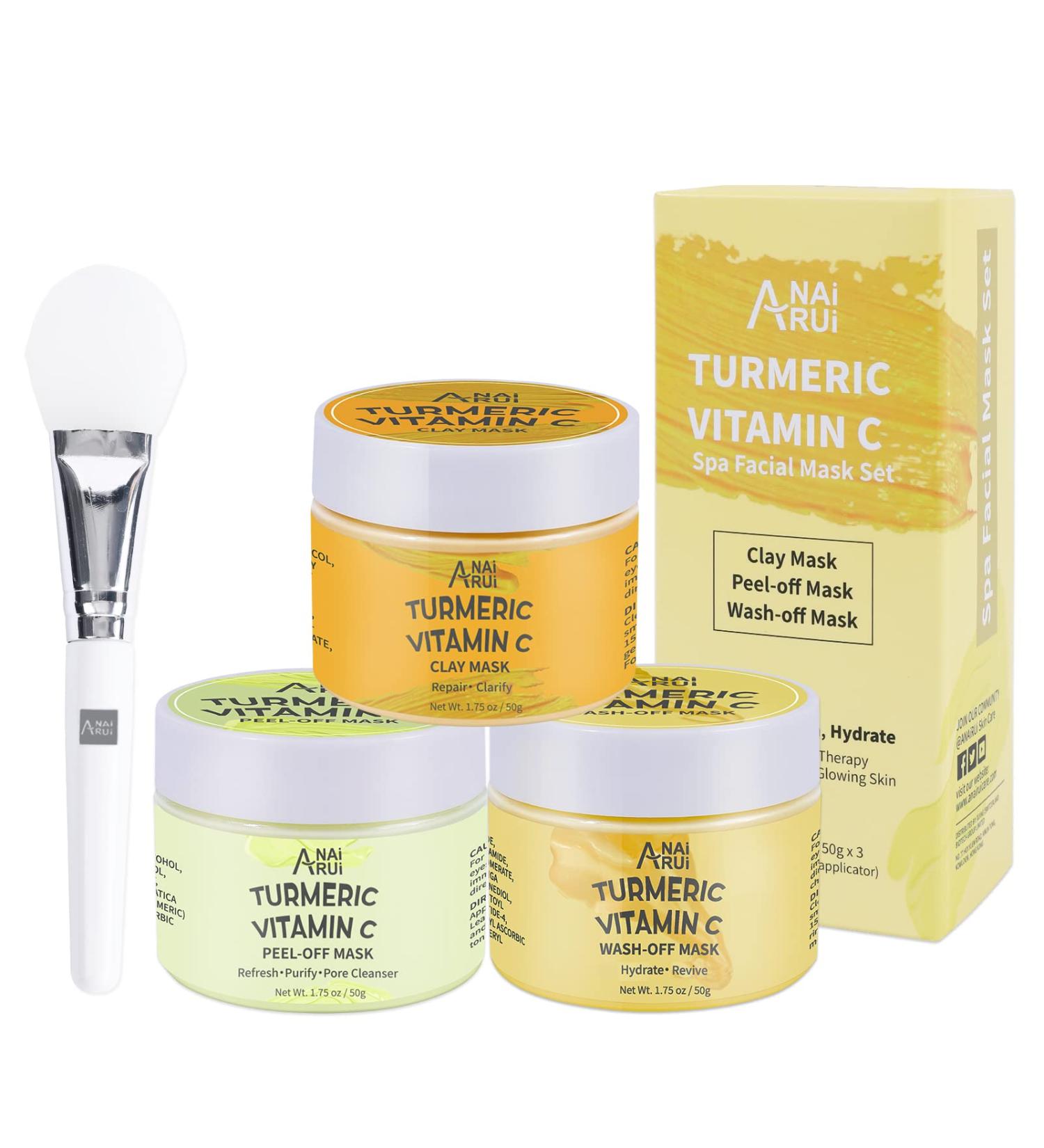 Turmeric Vitamin C Facial Mask Mini Kit - 3-in-1 Clay, Peel Off & Wash-Off Masks for Acne, Dark Spots, Oily Skin - 1.75 oz x3 - Buy Online on GoSupps.com