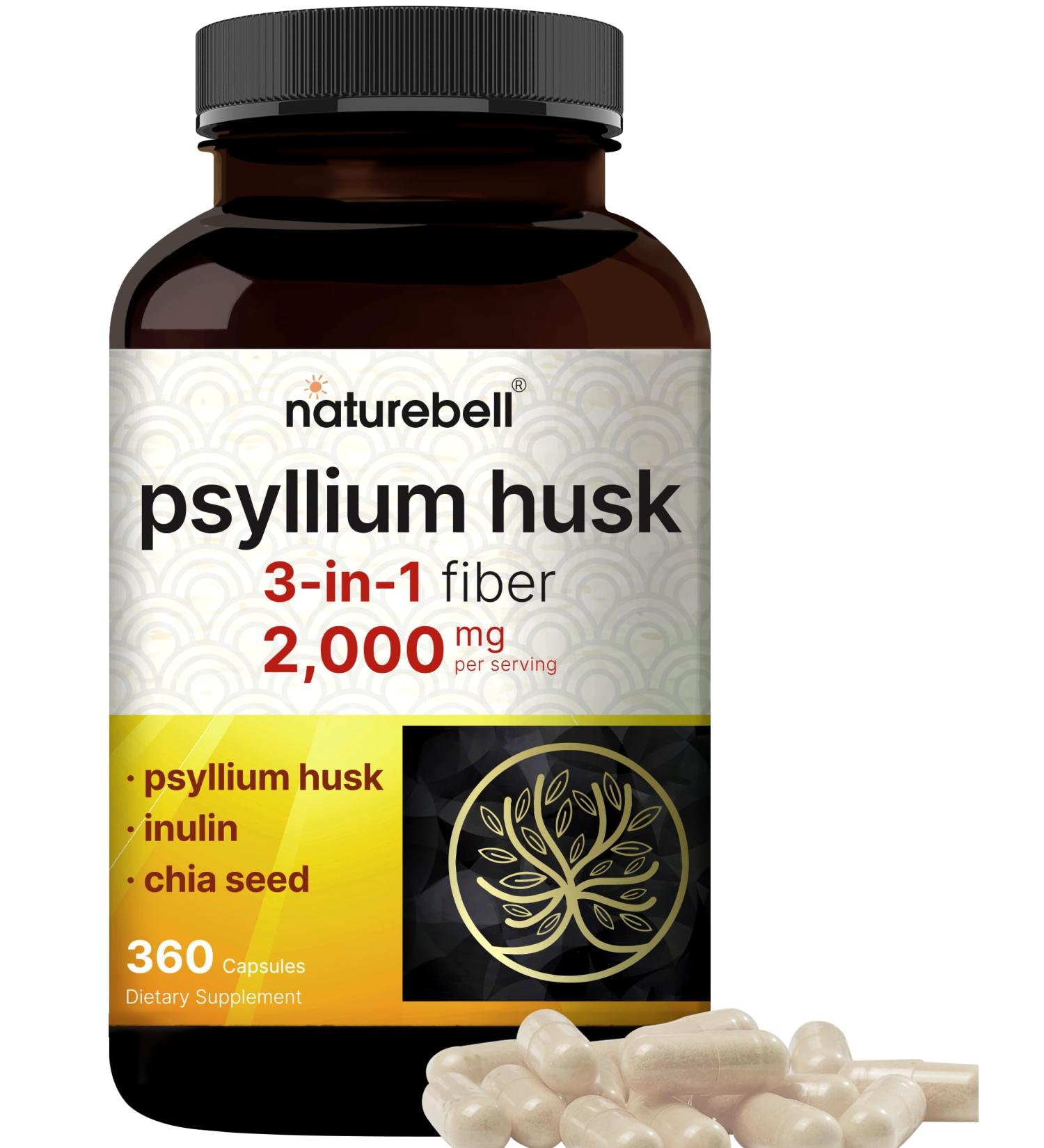 NatureBell Psyllium Husk Capsules 2,000mg Per Serving 360 Count with Inulin & Chia Seed Soluble Fiber for Digestion Plant Based Herbal Fiber Supplement Non-GMO Gluten Free - Buy Online on GoSupps.com