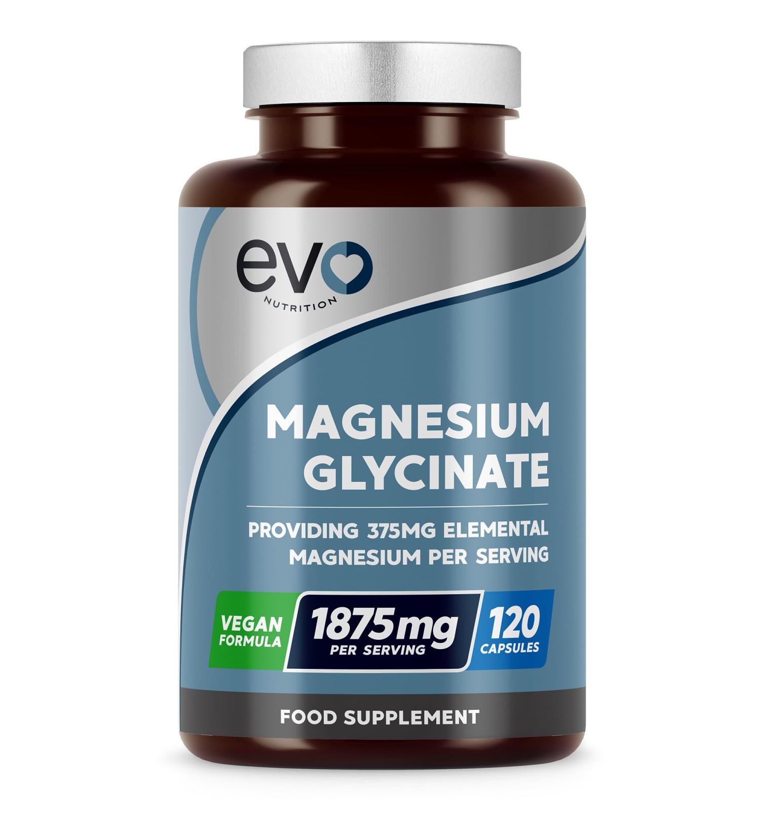 Magnesium Glycinate Supplement - 120 Vegan Capsules | 1875mg Per Serving & 375mg Elemental Magnesium | 100% Daily NRV | High Strength for Maximum Bioavailability | Made in UK by EVO Nutrition - Buy Online on GoSupps.com