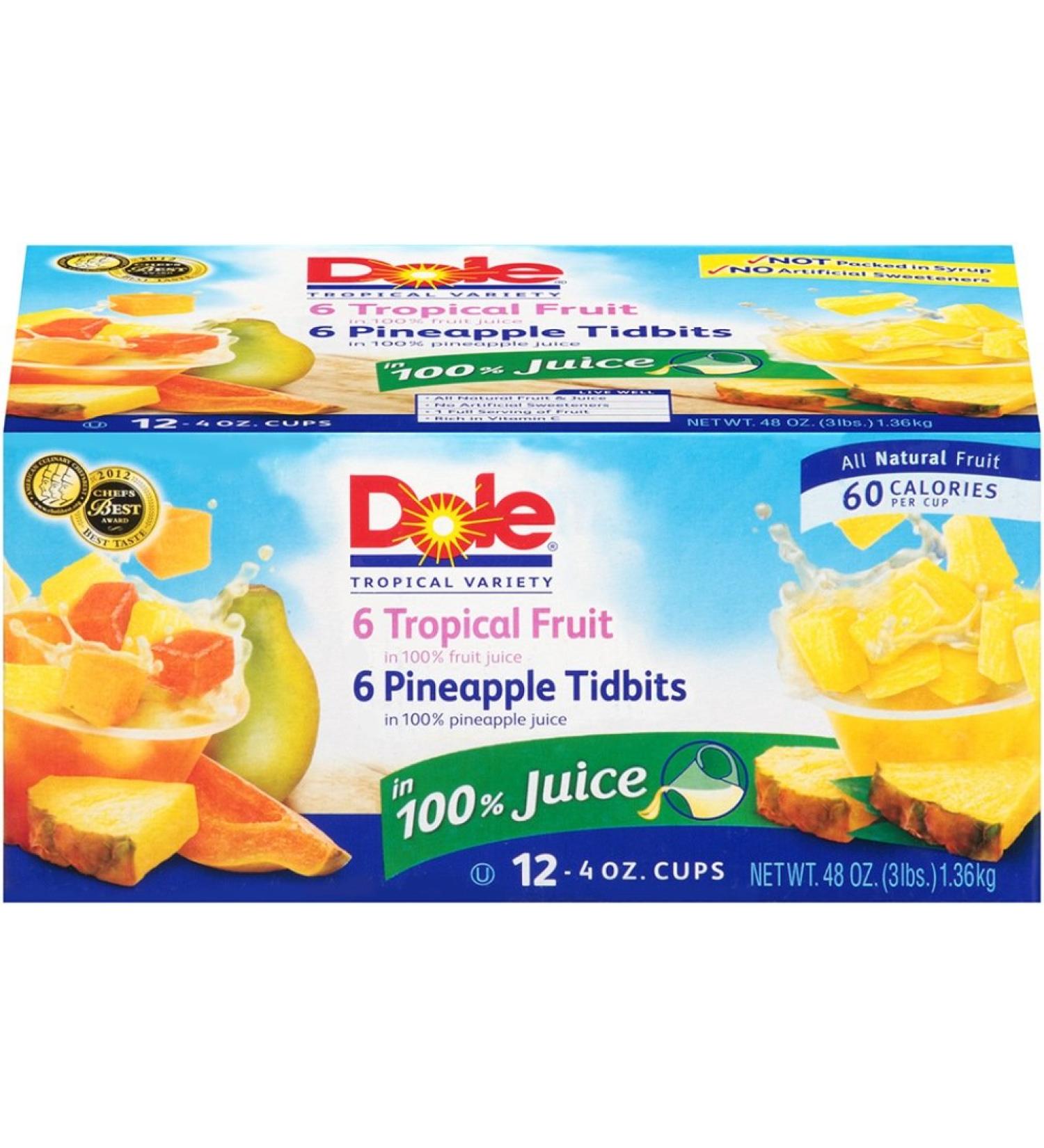 Dole Tropical Fruit and Pineapple Tidbits in 100% Fruit Juice, 4oz Cups (Pack of 12) - Buy Online on GoSupps.com