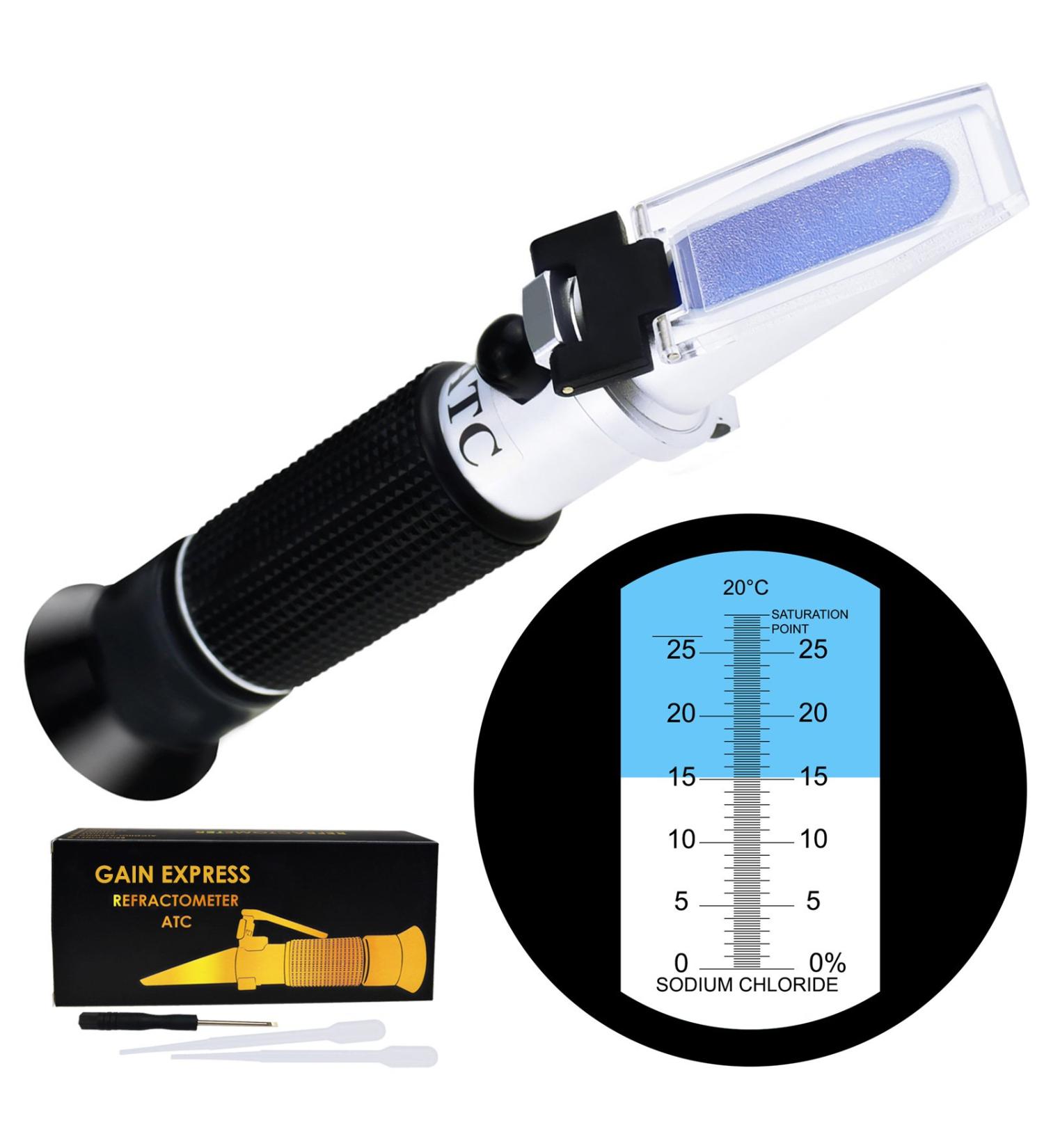 0-28% Salinity Refractometer ATC  Sodium Chloride (NaCl) Salt Level Meter Tester  Test Kit for Sea Water Brine Seawater Food Industry Pickle Soy Sauce  0.2% Accuracy - Buy Online on GoSupps.com