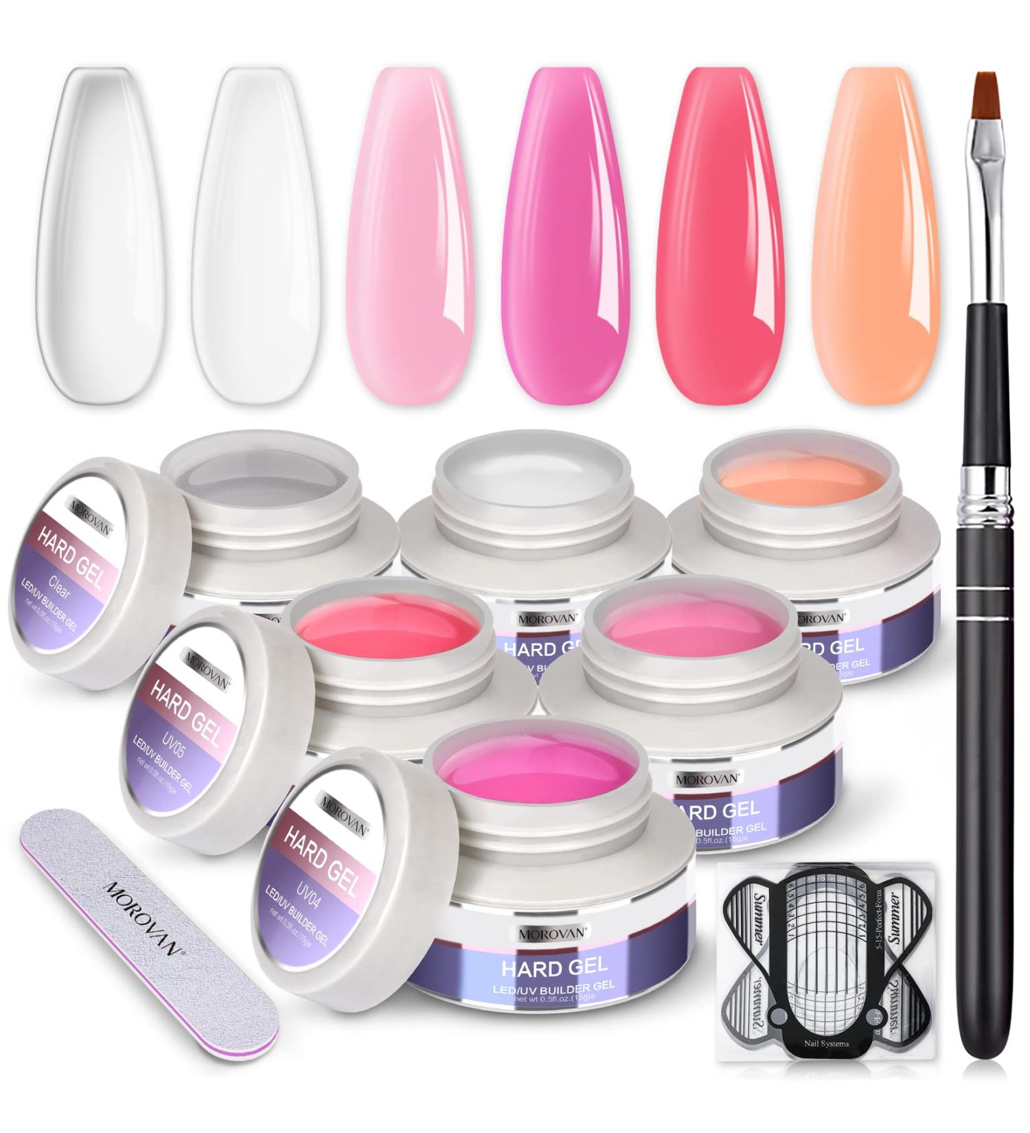 Morovan Builder Gel Nail Kit - 6 Colors UV Gel Set for Nail Extension | Clear & White Hard Gel with Forms Brush | DIY Nail Art Supplies for Beginners - Buy Online on GoSupps.com