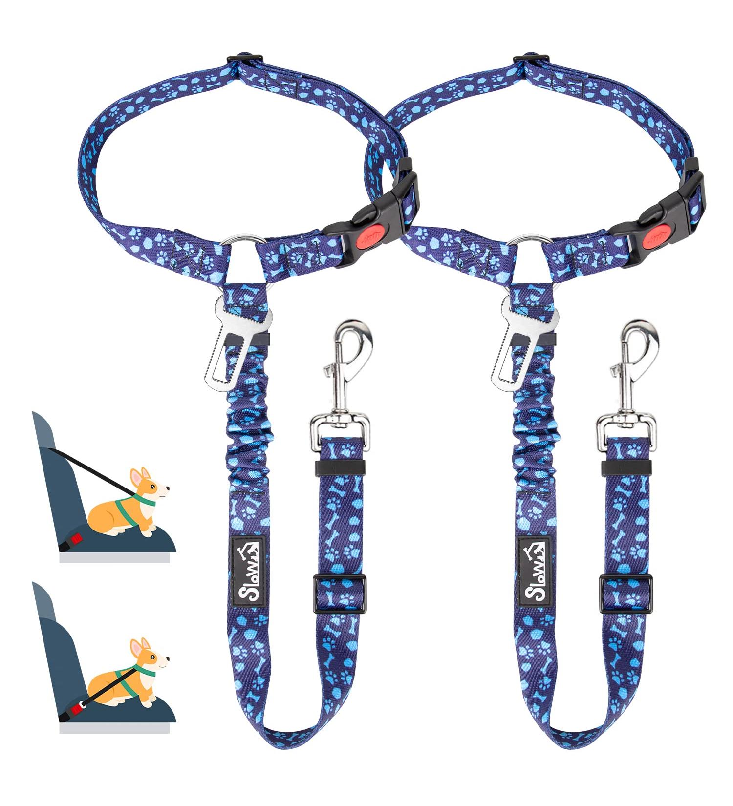 Slowton Dog Car Belt - 2-in-1 Adjustable Headrest Retention & Bucket Seat Belt with Universal Buckle & Reflective Rubber Band - H.Blau Dog Paws (2PCs) - Buy Online on GoSupps.com