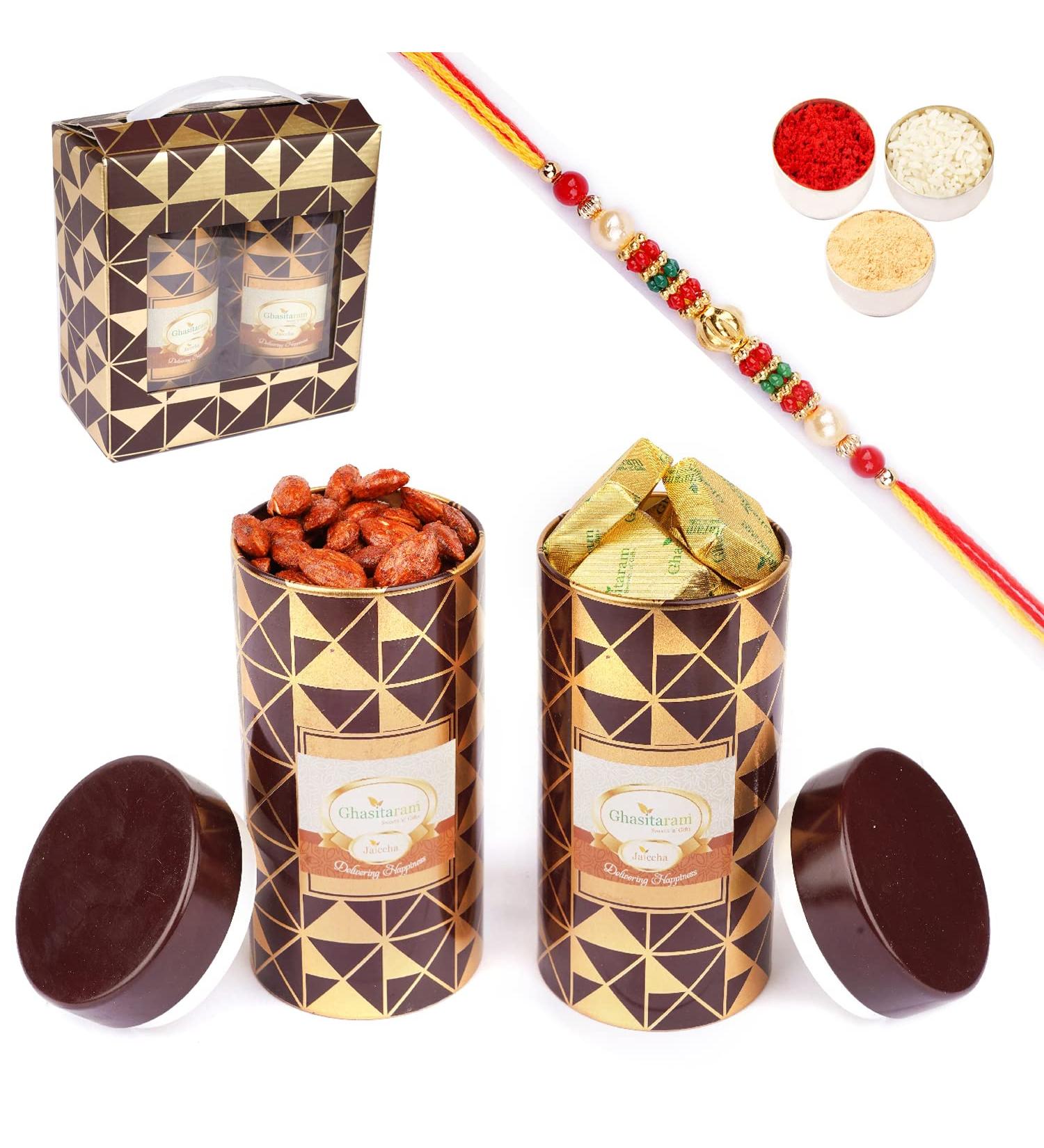 Jaiccha Ghasitaram Rakhi Gifts for Brothers Box 2 Tin Jars of Flavoured Almonds and MEWA Bites with Pearl Rakhi - Buy Online on GoSupps.com