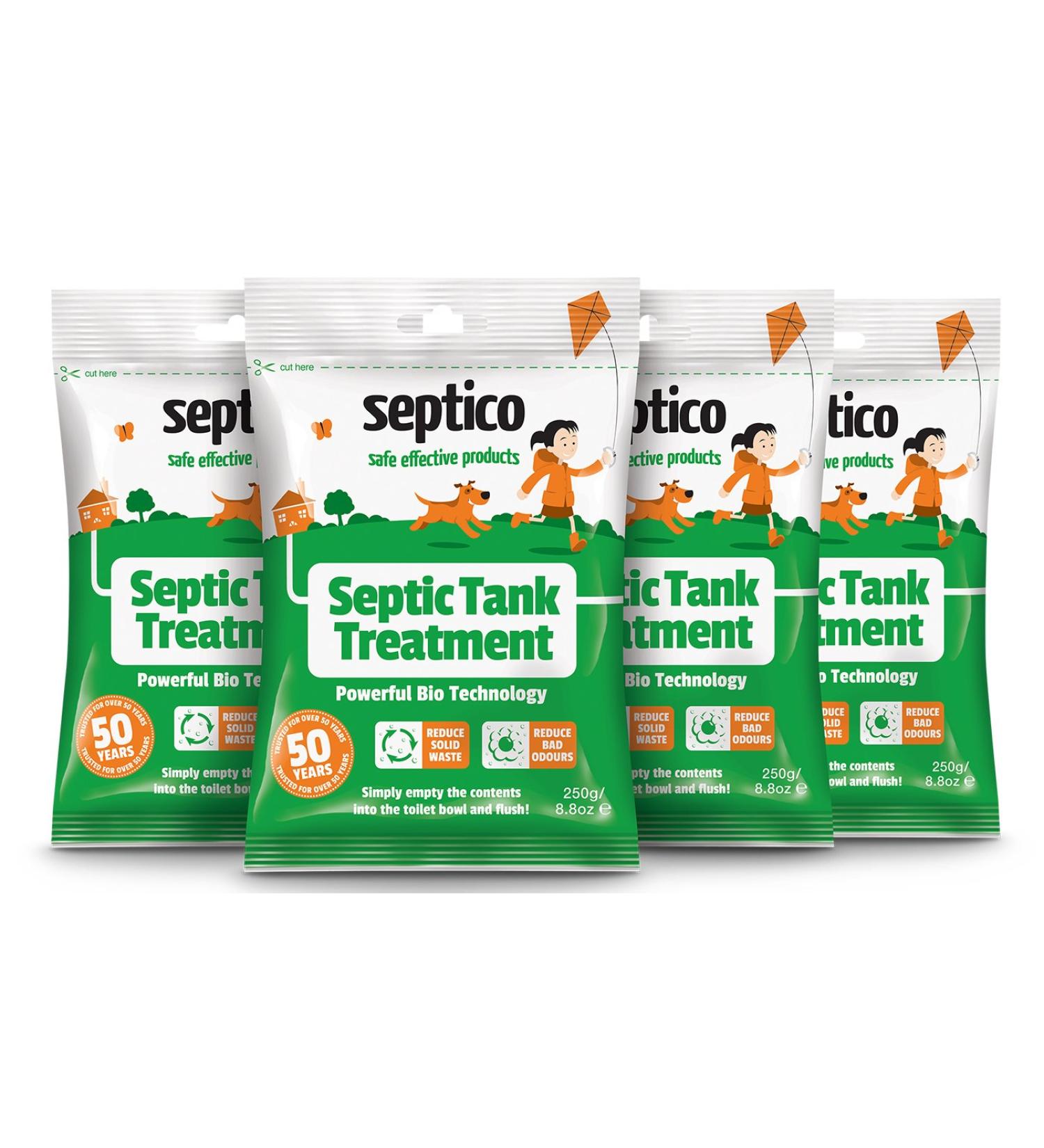 Septico Septic Tank Treatment 4 x 250g - 24 Months Supply | Bacteria Booster | Drain Cleaner | Odour Eliminator | Maintains Healthy Septic System