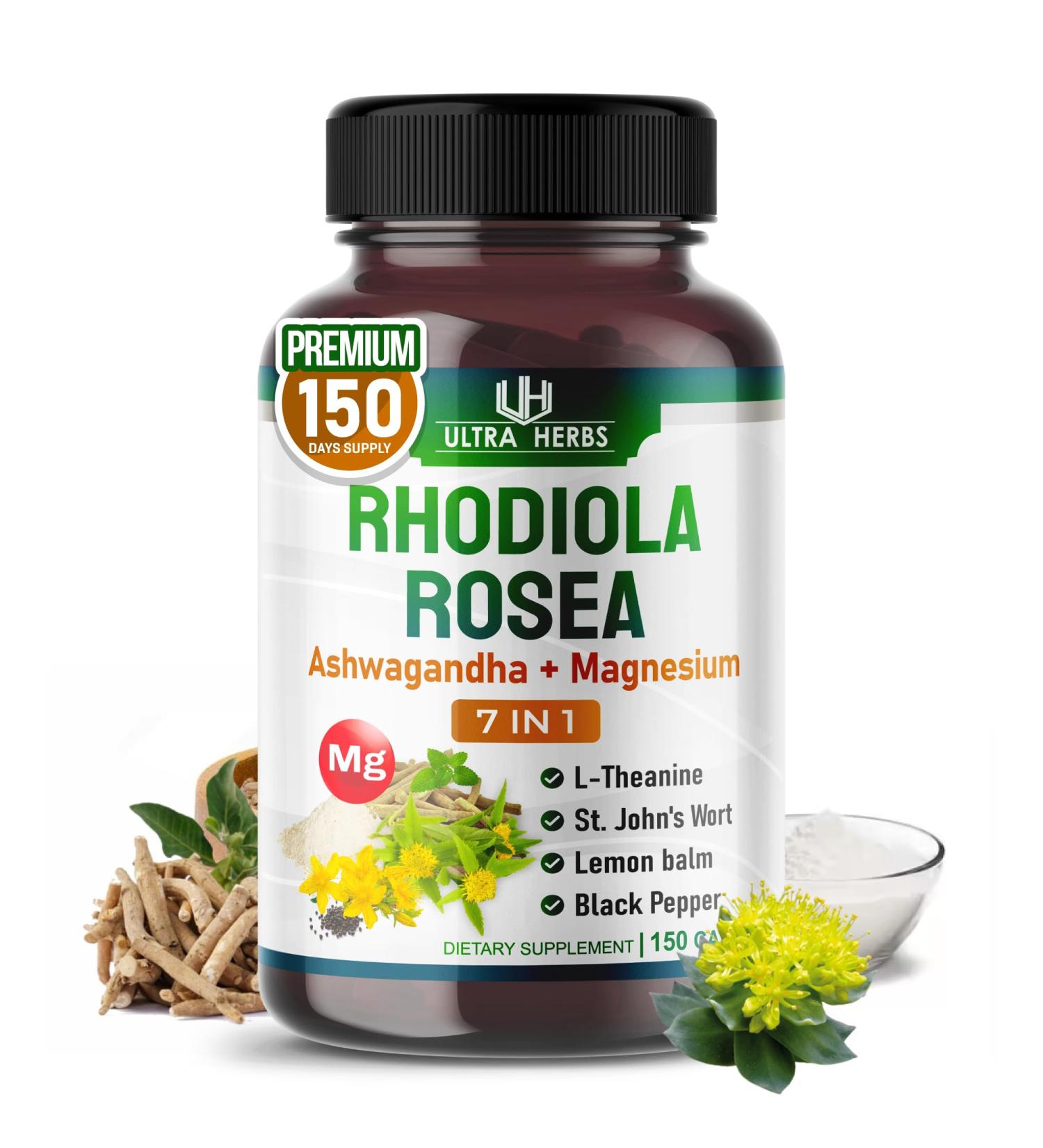 Rhodiola Rosea Supplement Enriched with Ashwagandha, Magnesium, L-Theanine, St. John's Wort, Lemon Balm - Support Mood, Sleeps Quality, and Mental Focus | 150 Capsules 150 count (pack of 1) - Buy Online on GoSupps.com