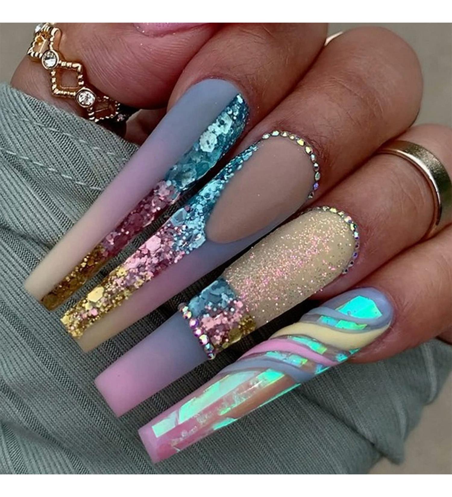 Extra Long Coffin Press on Nails - 24Pcs Full Cover Sequins & Rhinestones Acrylic Stick on Fake Nails for Women - Matte Finish with Glue - Buy Online on GoSupps.com