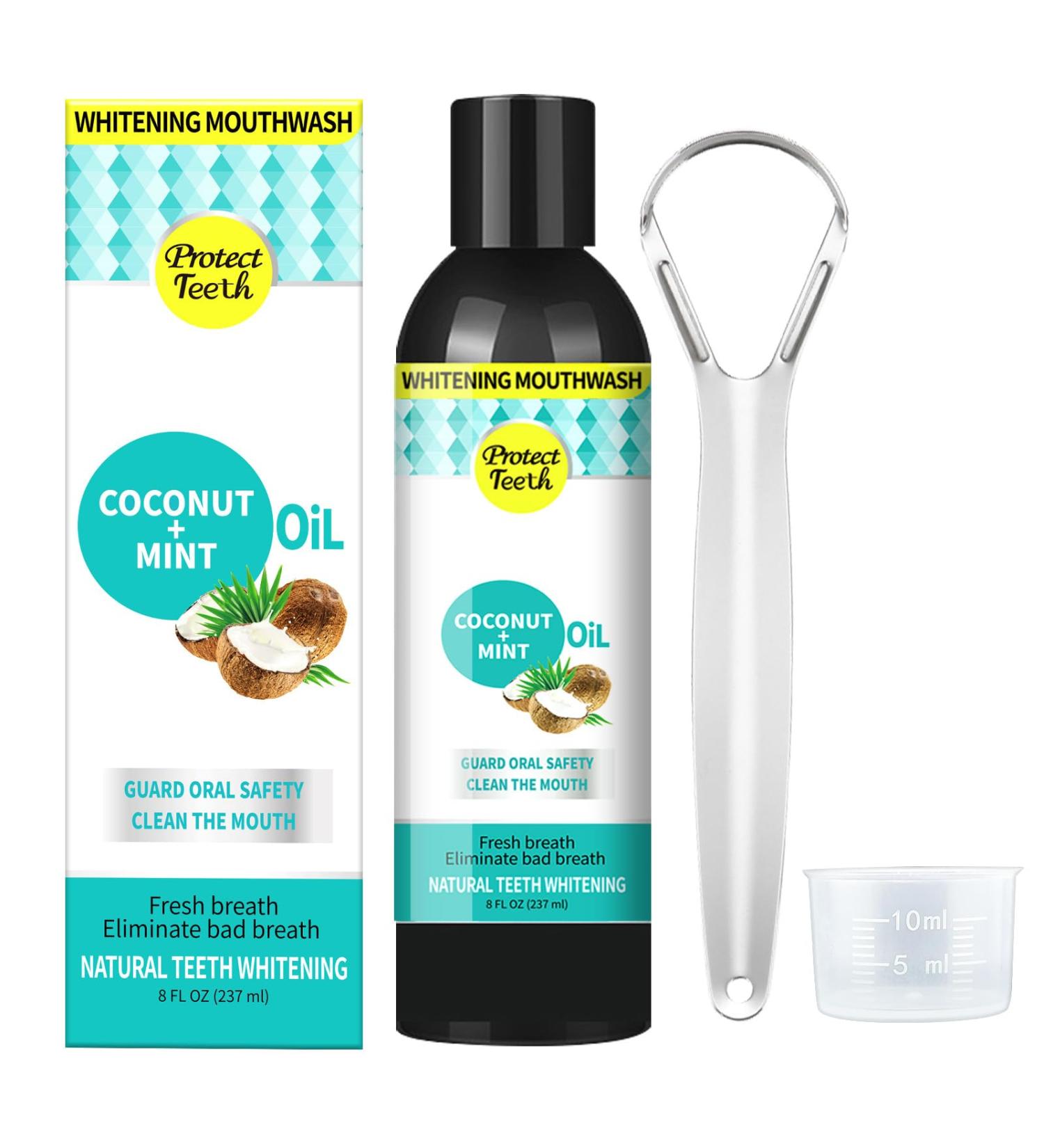 Coconut Pulling Oil Mint Oil Pulling Mouthwash Natural Alcohol Free Teeth Whitening & Gum Health Fresh Breath Including Tongue Scrapper and Measuring Cup(8 fl. 0z)