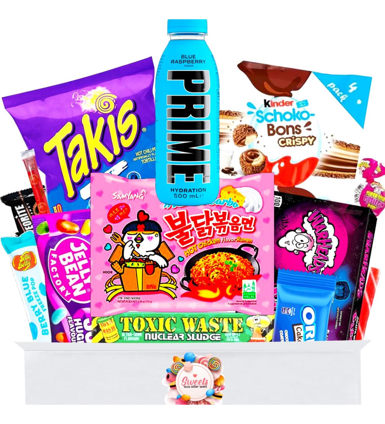Viral sweets box with tikk trend things - Prime Drink Buldak Ramen chocolate chocolate crispy Takis Blue etc. - American sweets - Special sweets box - sweets from all over the world