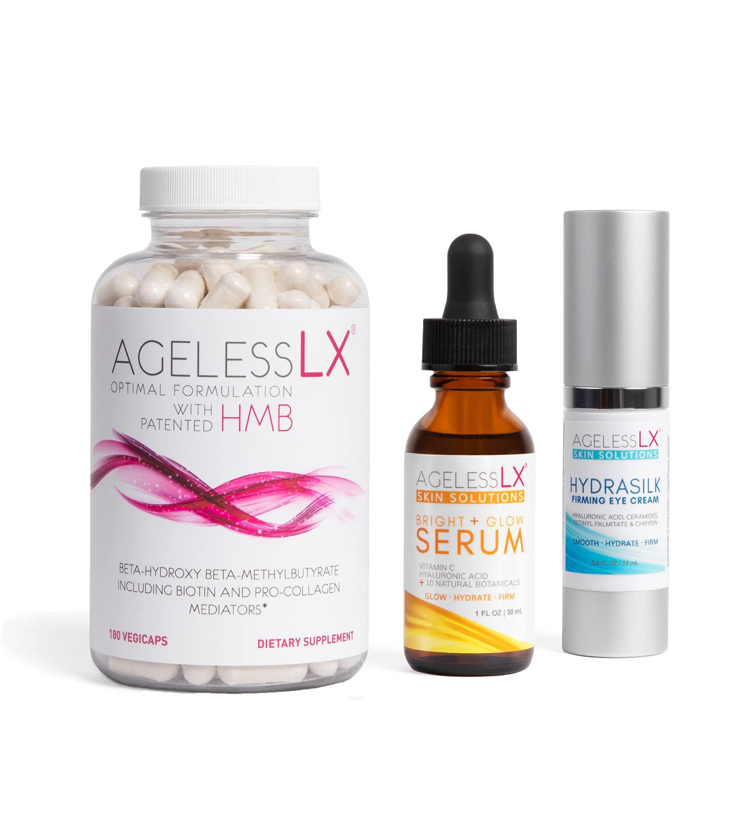 AgelessLX Supplement Capsule for Women with HMB + Hydrasilk Eye Cream 0.5 OZ + Bright Glow Face Serum 1 Fl OZ for Women Bundle - Buy Online on GoSupps.com