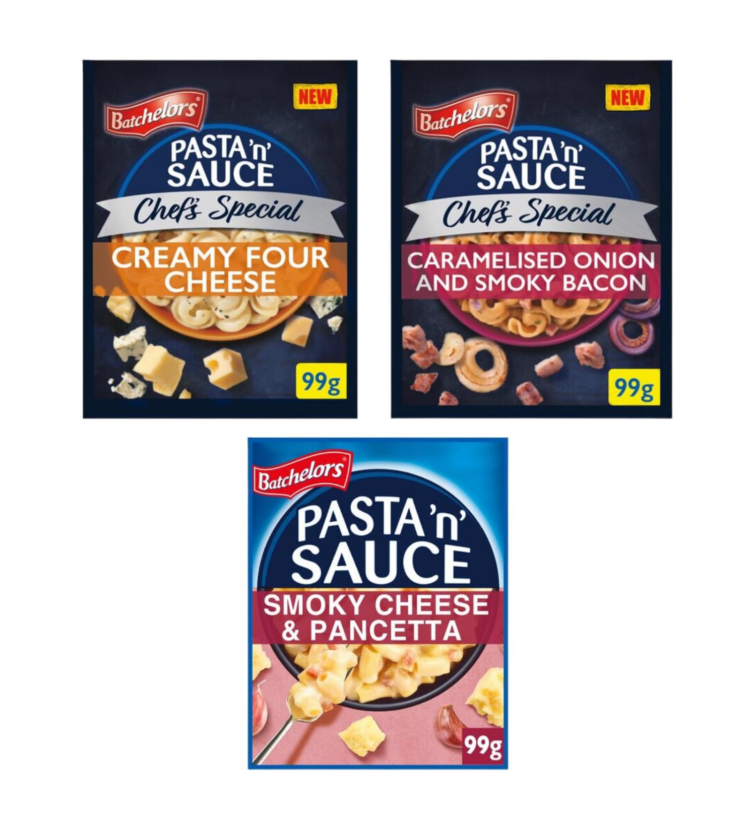Generic Batchelors Pasta & Sauce Creamy Four Cheese Batchelors Pasta & Sauce Caramelised Onion & Smoky Bacon Batchelors Pasta & Sauce Low Fat Cheese & Pancetta - Buy Online on GoSupps.com