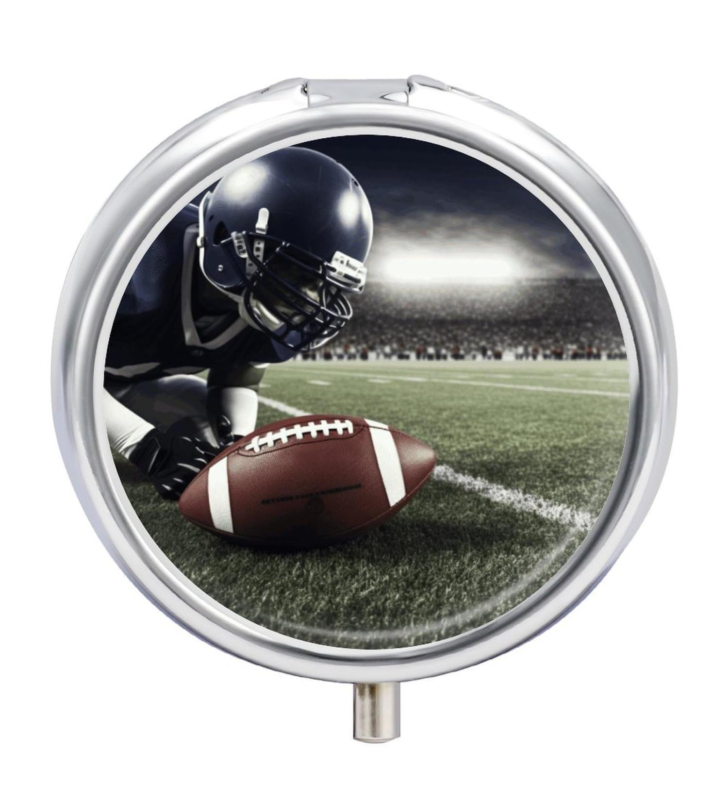 Round Pill Box American Football | 3 Compartment Decorative Metal Pill Organizer | Portable Pocket Medicine Case - Buy Online on GoSupps.com