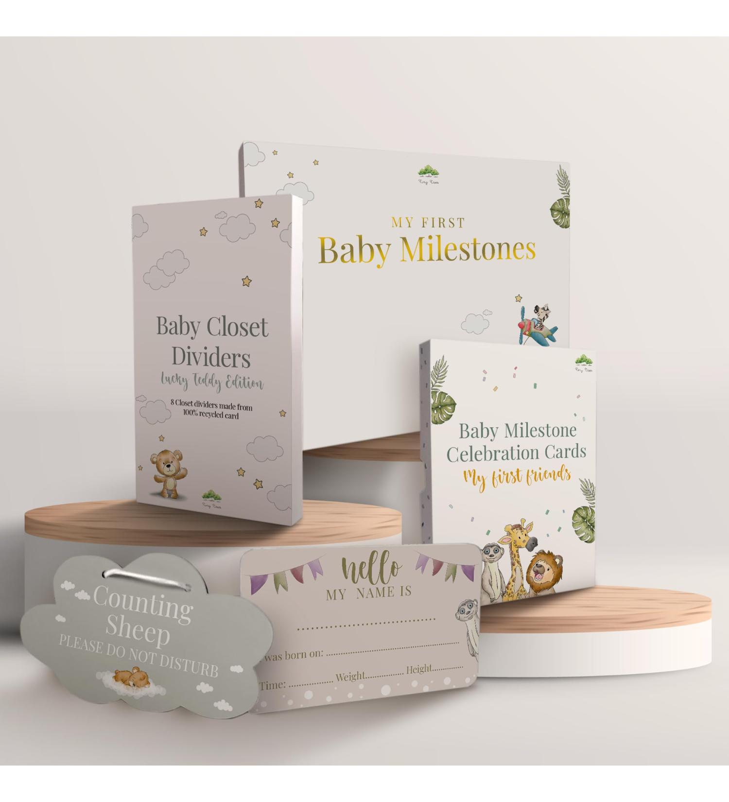 Tiny Trees Baby Milestone Gift Set - Premium Gifts and Keepsake Box - Milestone Cards Closet Dividers Welcome Plaque and Sleep Sign - Perfect New Born Baby Gifts for Parents Complete 4 Piece Milestone Gift Set - Buy Online on GoSupps.com