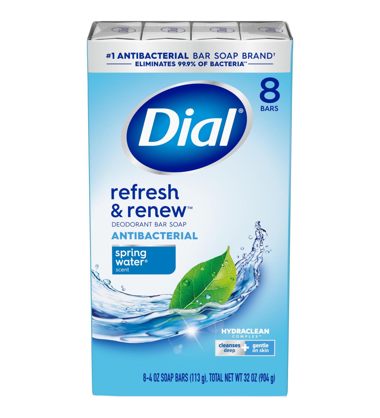 Dial Antibacterial Bar Soap - Refresh & Renew Spring Water 4 oz (Pack of 8) - Effective Germ Protection | International Shipping Available - Buy Online on GoSupps.com