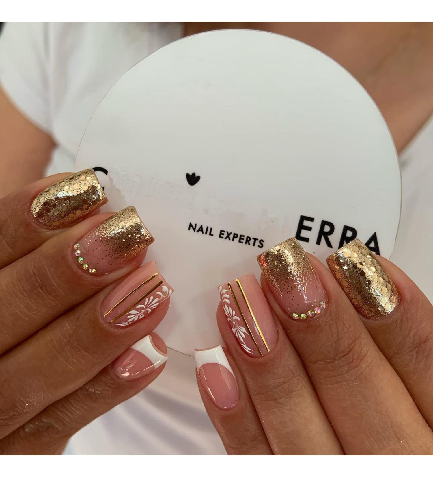 Glossy White Flower Gold Glitter Square Press-on Nails with Rhinestone Design - 24Pcs - Buy Online on GoSupps.com