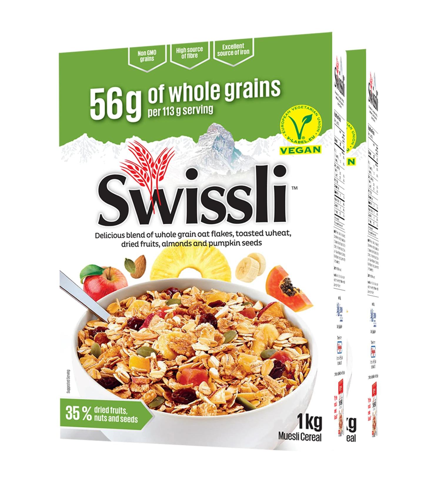 Swissli Muesli 1kg / Pack of 2/35% Fruit and Nut/Authentic European Made Muesli/Non GMO/Vegan/High Source of Fibre/Excellent Source of Iron - Buy Online on GoSupps.com
