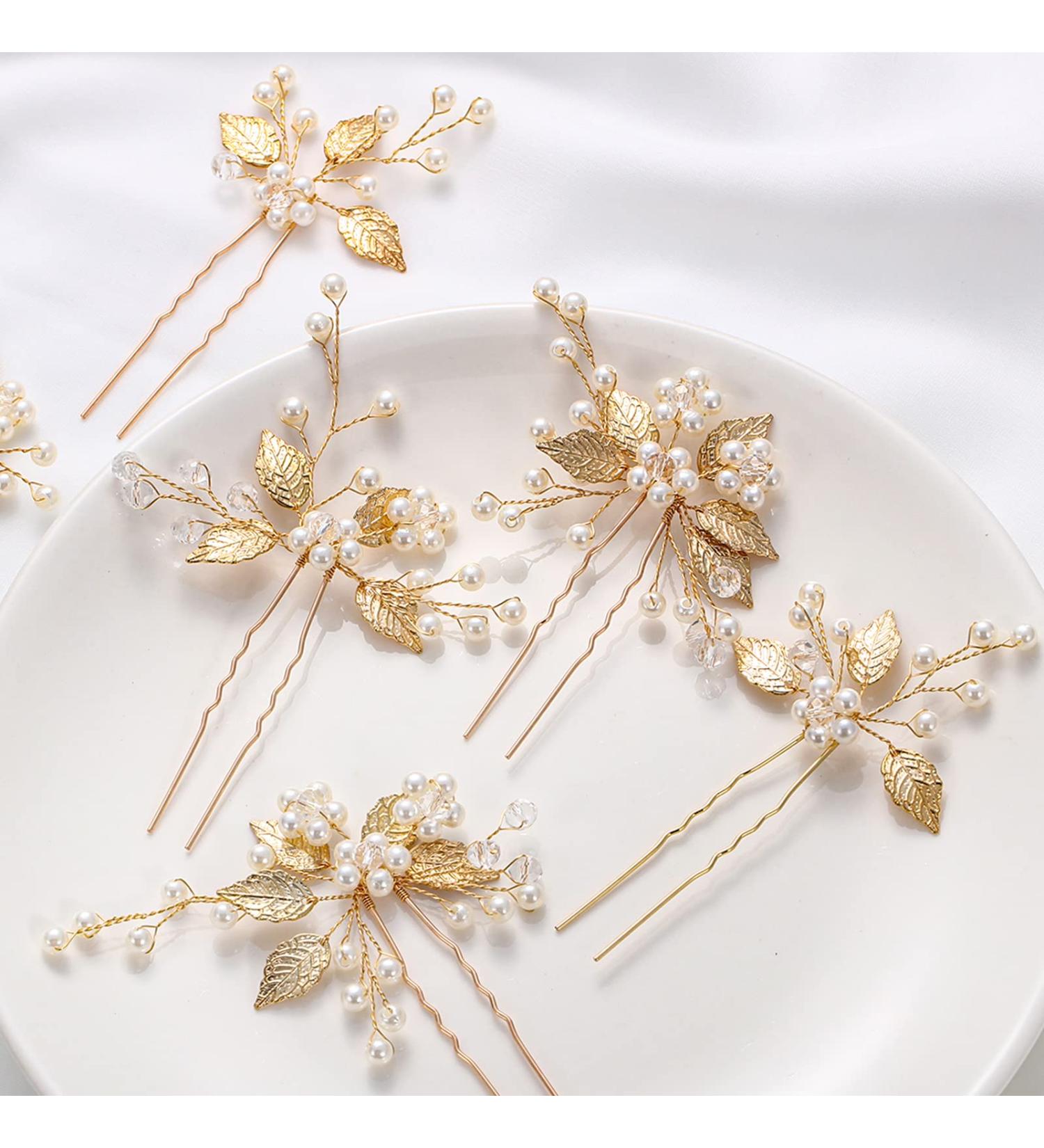 6-Piece Wedding Pearl Hair Pins | Bridal Leaf Headpiece for Women & Girls | Pearl Hair Flower Clips Accessories - Buy Online on GoSupps.com