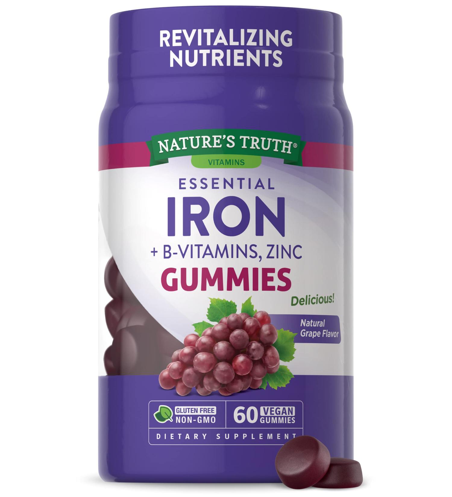 Iron Gummies 60ct Vegan Non-GMO & Gluten-Free Supplement with B Vitamins & Zinc Grape Flavor by Natures Truth - Buy Online on GoSupps.com
