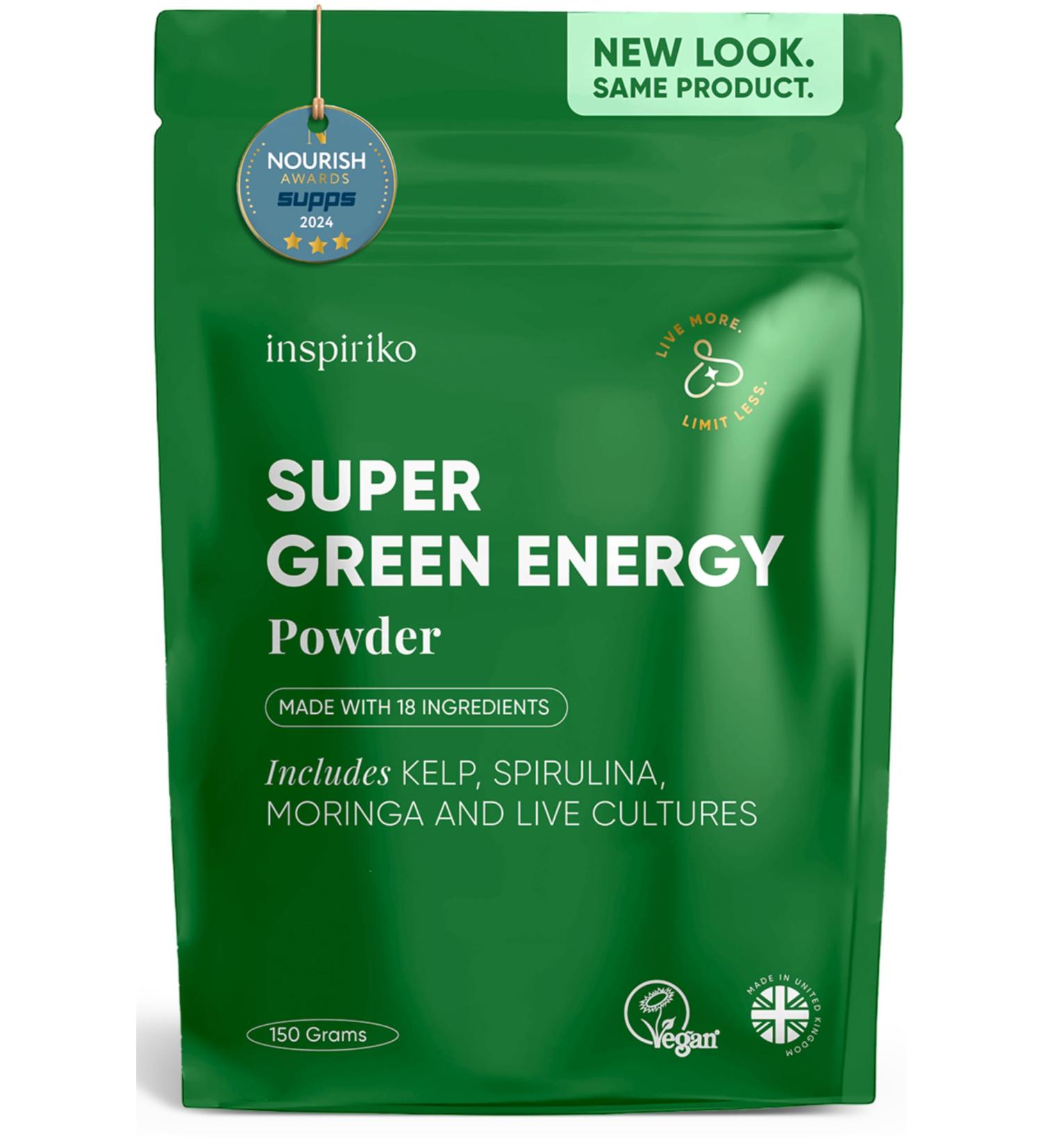 Inspiriko Super Greens Powder with 18 Natural Superfood Ingredients - Spirulina Kale Moringa - Green Powder Superfood with Probiotics 150g UK Made Vegan - for Energy Digestion Immune Support 150 g (Pack of 1) - Buy Online on GoSupps.com