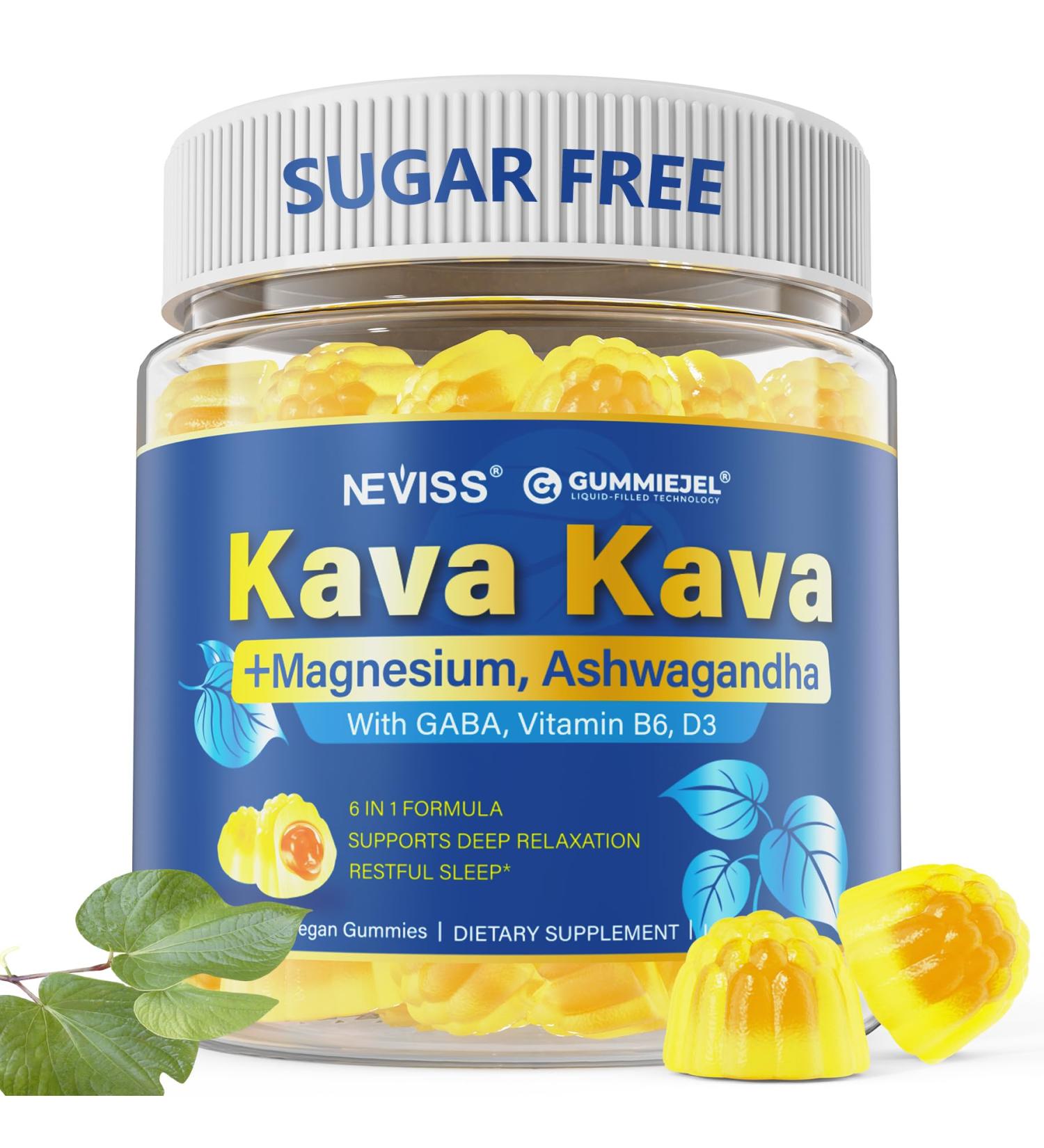 NEVISS Kava Kava Gummies for Calm, Relaxation & Natural Sleep | w/GABA, Ashwagandha, Magnesium, Vitamin B6 D3 | High Potency Kava Root Extract Supplement | Sugar-Free, Melatonin-Free, Vegan 60 Ct - Buy Online on GoSupps.com