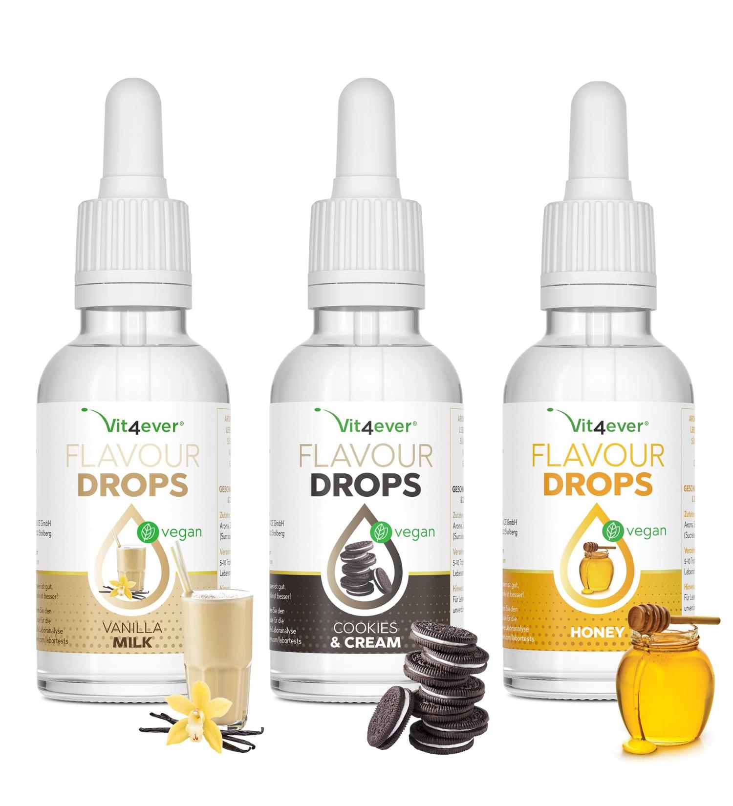 Flavor Drops 3x50ml Bundle - Vanilla Milk Cookies & Cream Honey - Calorie-Free Taste | International Shipping Available - Buy Online on GoSupps.com