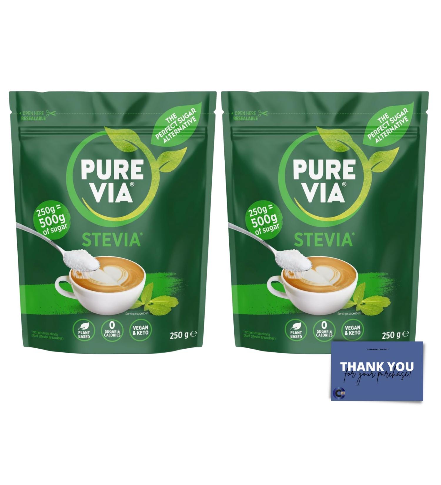 Pure Via Stevia Leaf Zero Calories Sweetener 250g - Natural Zero-Calorie Sweetness for Guilt-Free Indulgence (2 x 250g) - Buy Online on GoSupps.com