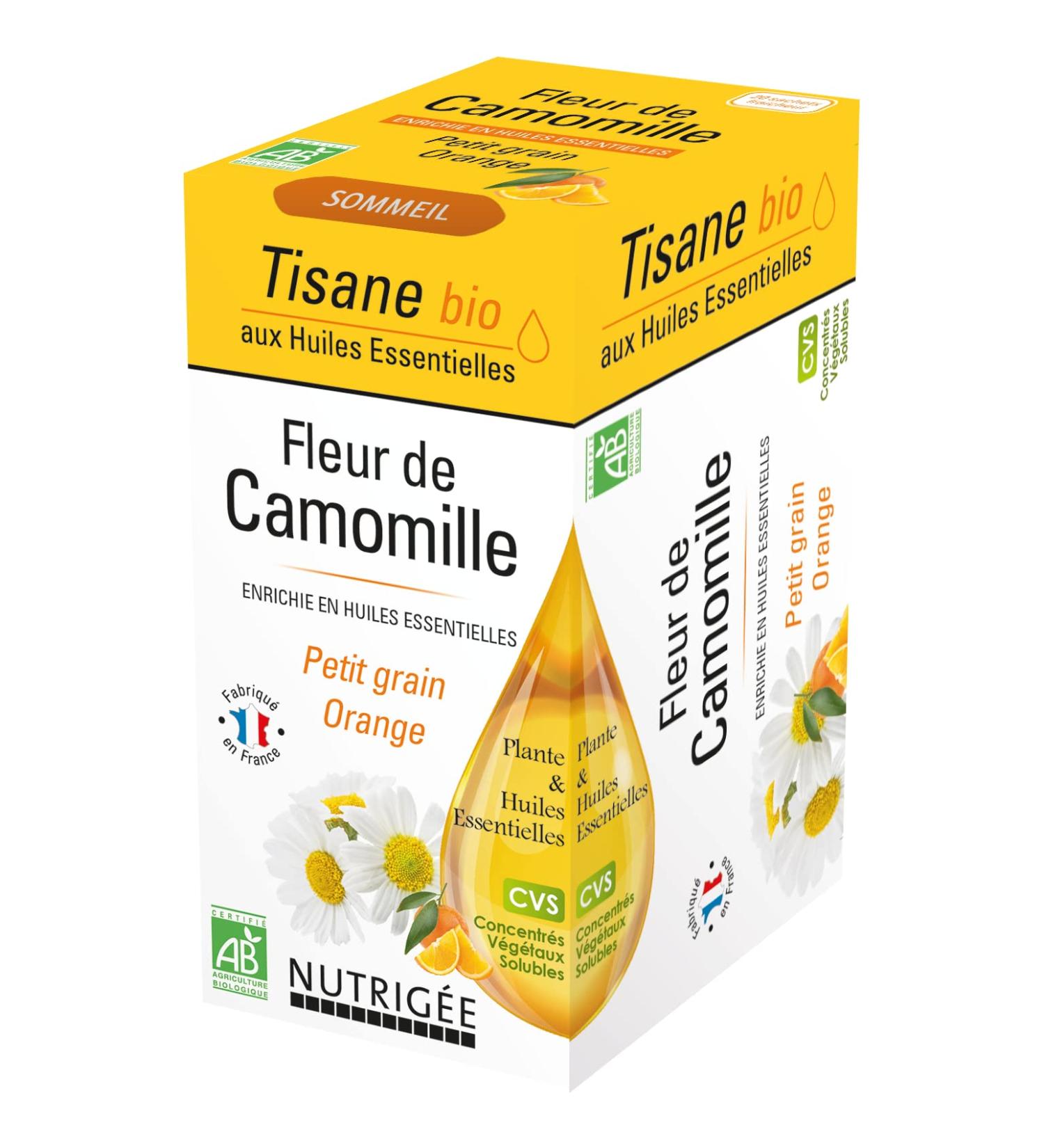 NUTRIGEE - Organic Chamomile Flower Herbal Tea - Relieves Nervous Agitation & Minor Sleep Disorders - Soluble Plant Concentrates - Small Grain & Orange Essential Oil - 20 Sachets - Buy Online on GoSupps.com