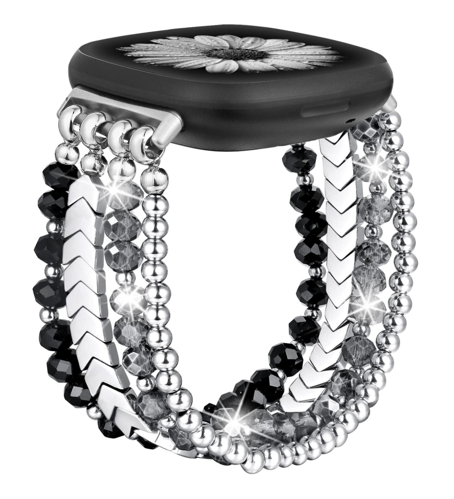 Dilando Compatible for Fitbit Versa 4&3 Bands Women/Fitbit Sense Bands/Fitbit Sense 2 Bands  Silver Bling Bracelet Dressy Beaded Crystal Stretchy Strap for Versa 4/Versa 3/Sense 2/Sense Watch Bands A-Silver/Black/Grey - Buy Online on GoSupps.com