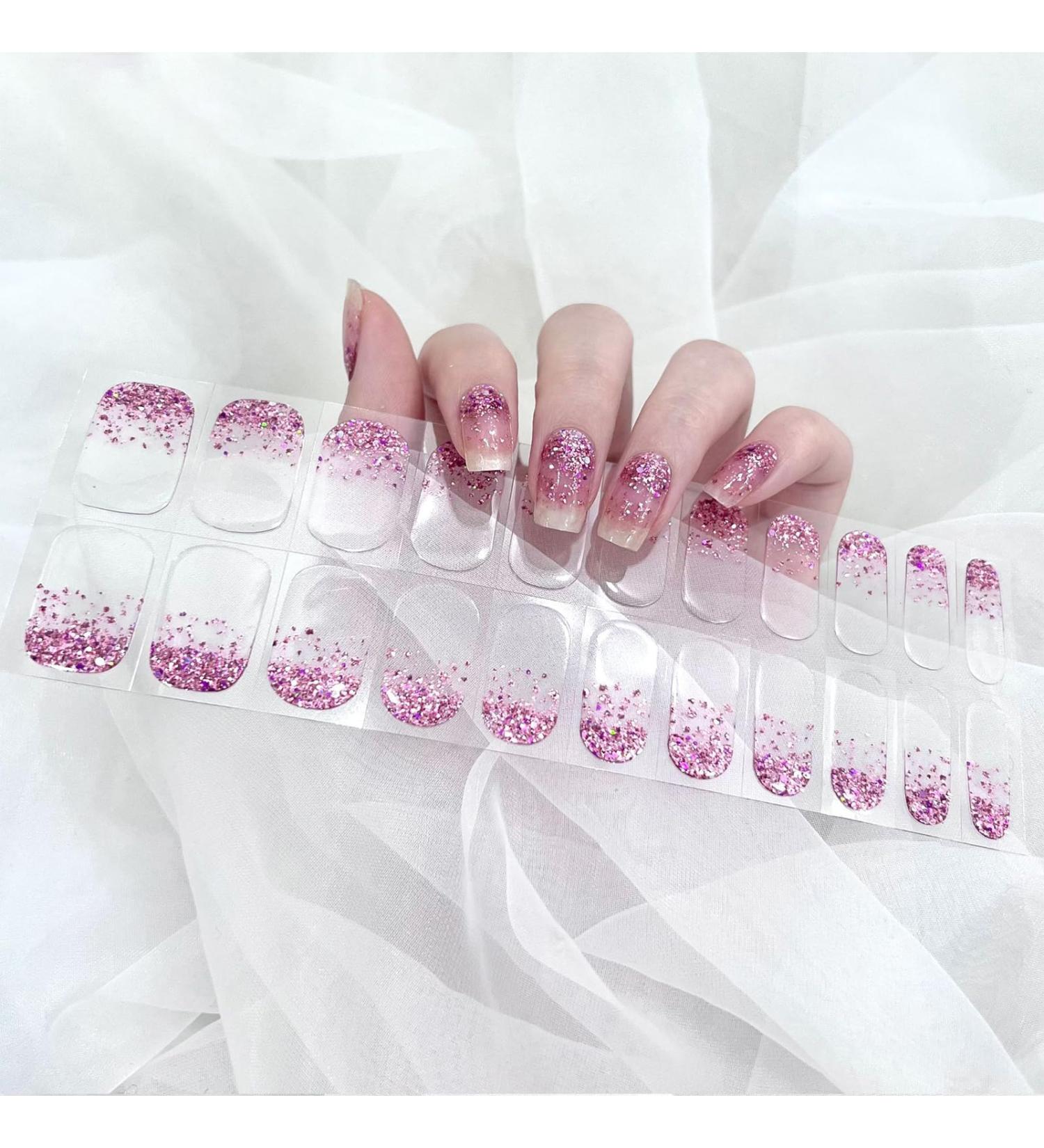 22PCS Gel Nail Stickers Semi Cured Nail Wraps Purple Glitter Self-Adhesive Gel Nail Strips Full Wraps Nail Polish Stickers with Soft Glossy Gel Finish French Manicure Stickers for Women and Girls - Buy Online on GoSupps.com