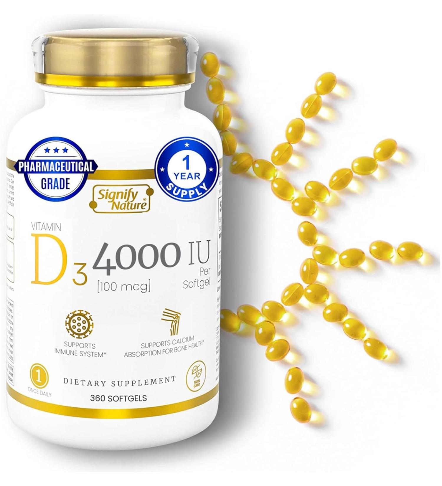 SIGNIFY NATURE Vitamin D3 4000 IU Softgels - High Potency Immune Support Supplement for Teeth, Bone, & Joints - Pharmaceutical-Grade VIT D3 100 MCG - Highest Potency Vitamin D3 - VITAMINA D3-360 CT - Buy Online on GoSupps.com