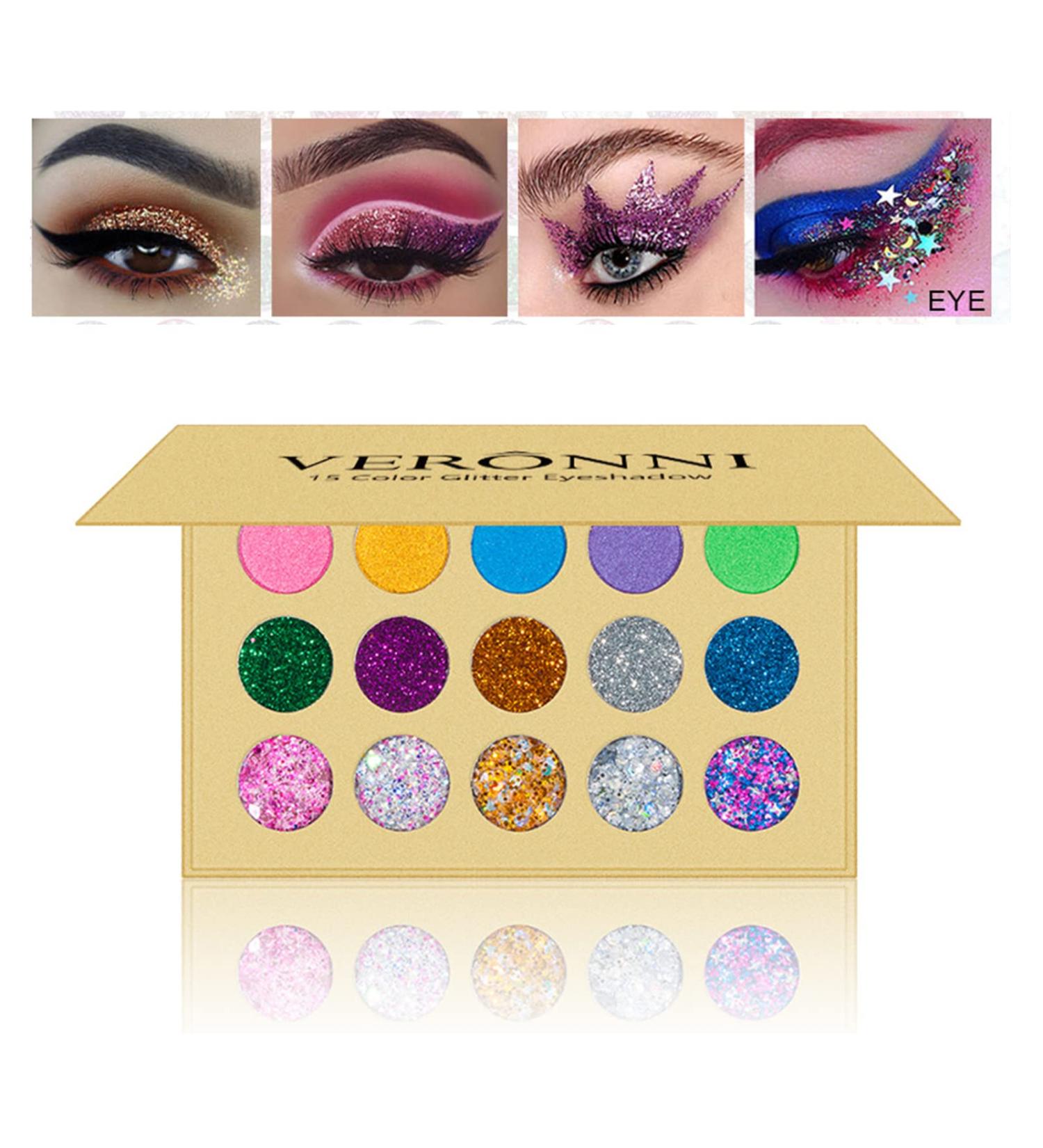 VERONNI Glitter Eyeshadow Palette - 15 Colors Matte Shimmer Glitter | High Pigment Eye Shadow Palette for Stage & Halloween Makeup - Buy Online on GoSupps.com
