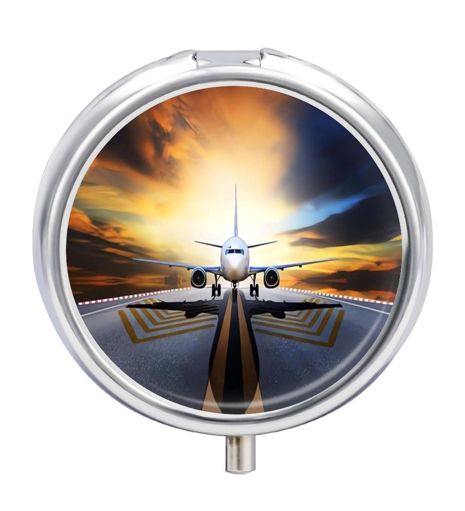 Round Pill Box Backpack - Airplane Print 3 Compartment Portable Medicine Organizer - Decorative Metal Pocket Pill Case - Buy Online on GoSupps.com