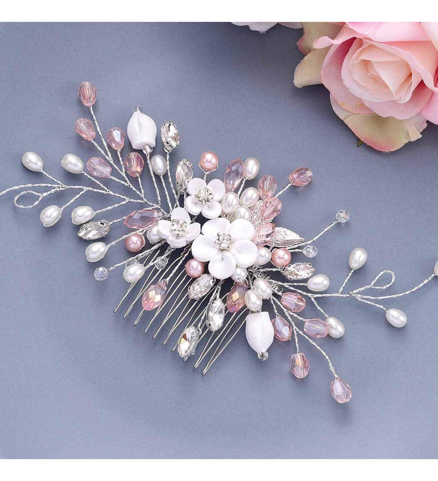 Vakkery Flower Bridal Hair Comb | Pearl & Crystal Wedding Accessories for Women & Girls - Buy Online on GoSupps.com