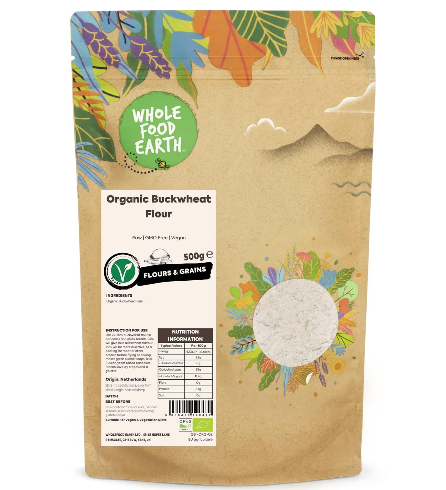 Wholefood Earth Organic Buckwheat Flour 500g - Raw, GMO-Free, Vegan | Certified Organic - Buy Online on GoSupps.com