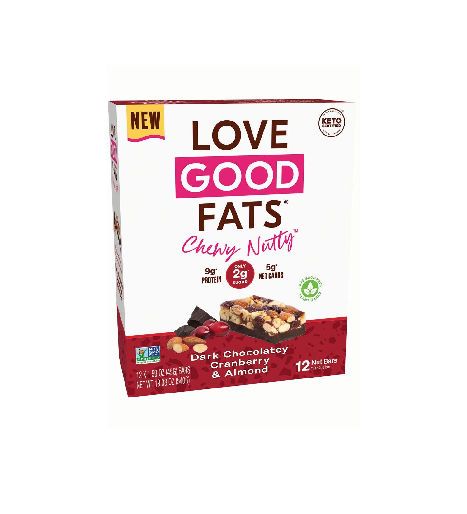 Love Good Fats Plant-Based Keto Bars - Chewy Nutty Dark Chocolatey Cranberry & Almond - 12ct Keto-Friendly Protein Bars | Natural Ingredients, Low Sugar, Low Carb, Non GMO, Gluten & Soy Free Snacks - Buy Online on GoSupps.com