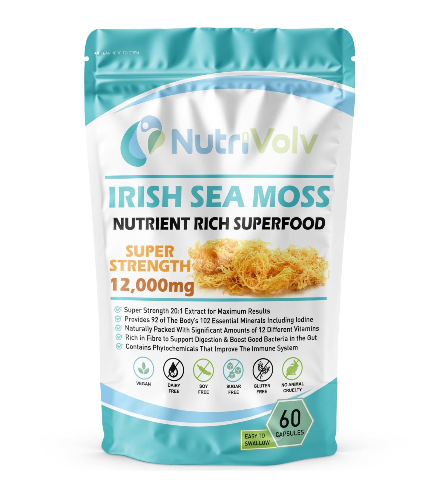 Nutrivolv Irish Sea Moss 12000mg - High Strength Vegan Capsules - Supports Immune System Skin & Digestive Health - 60 Capsules - Sea Moss Supplement for Energy Detox & Overall Wellness - Buy Online on GoSupps.com