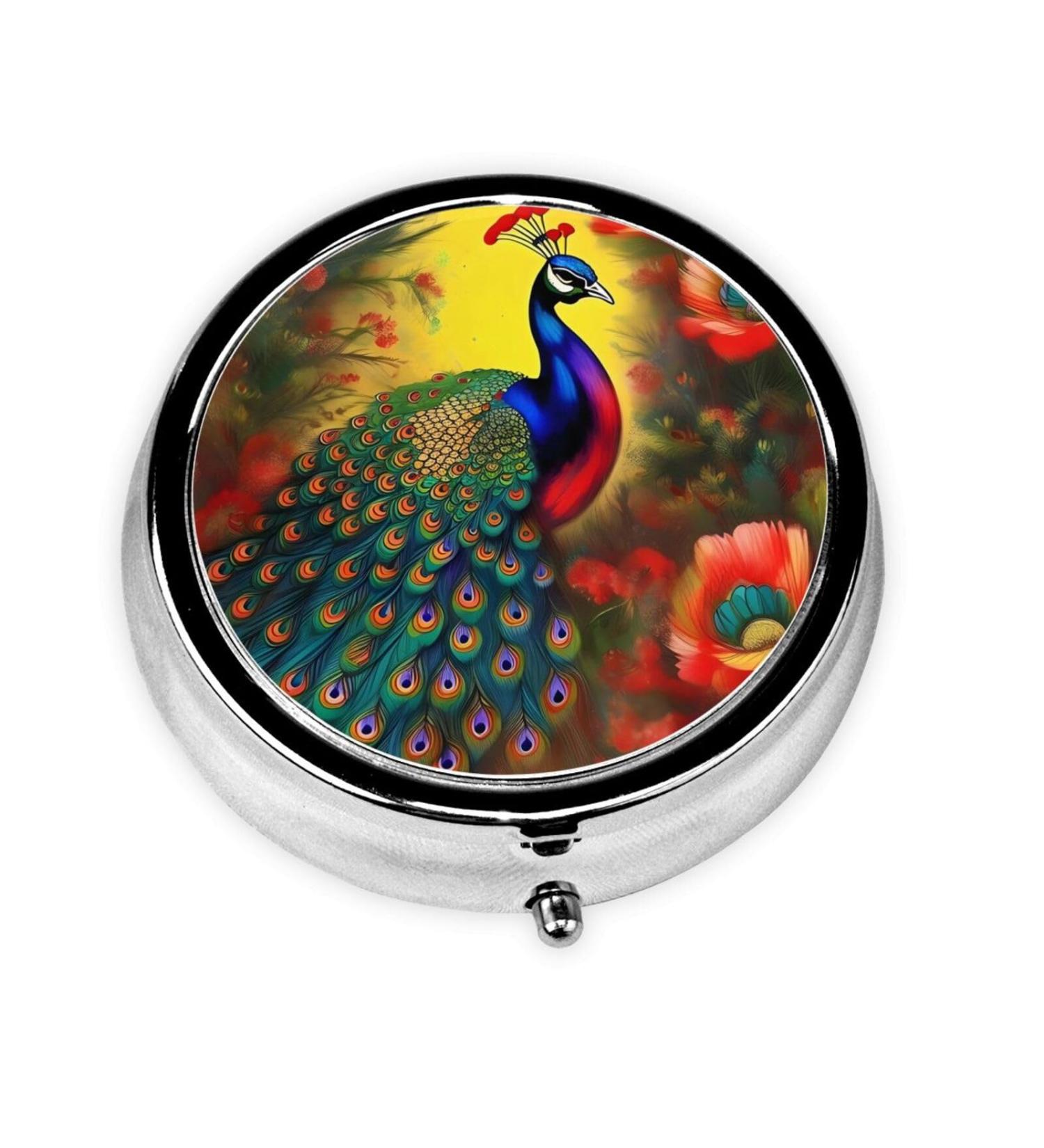Peacock Flowers Round Pill Box | 3 Compartment Travel Organizer | Portable Pill Storage for Travel - Buy Online on GoSupps.com