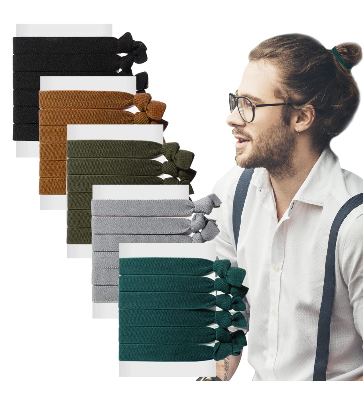 30 Pcs Multicolored Knotted Men's Hair Ties - Elastic Flat Man Bun Hair Tie Set for Long Curly Hair - No Crease Design in Gray, Green, Khaki, Silver, Dark Green - Buy Online on GoSupps.com