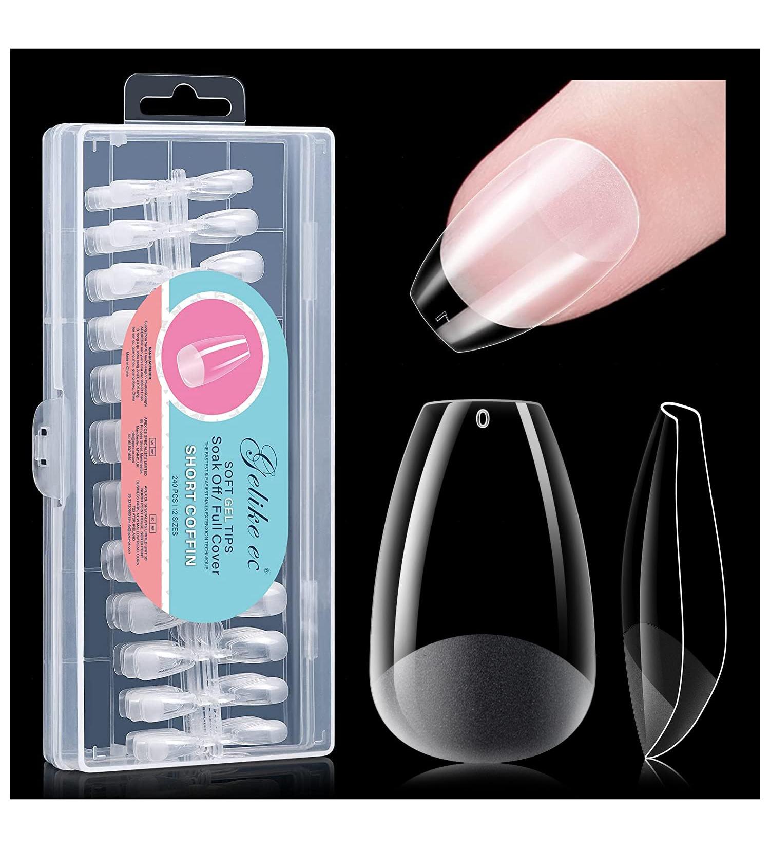 240 Extra Short Coffin Gel Nail Tips Set for Nail Art - Soft Full Cover False Nails in 12 Sizes - PMMA Pre-Buffed Artificial Nails for Gluing - Buy Online on GoSupps.com