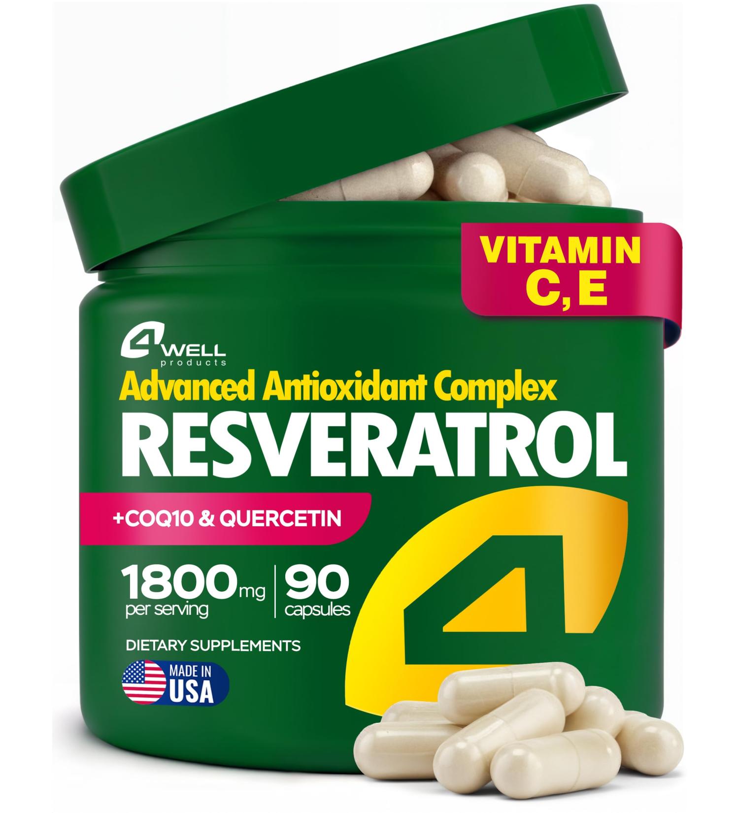 Resveratrol Supplement 1800mg Complex - COQ10 Quercetin Vitamin E Calcium Ascorbate - Powerful Antioxidant Formula for Enhanced Energy Heart Health & Healthy-Aging Support Trans Resveratrol 90 Caps 90 Count (Pack of 1) - Buy Online on GoSupps.com