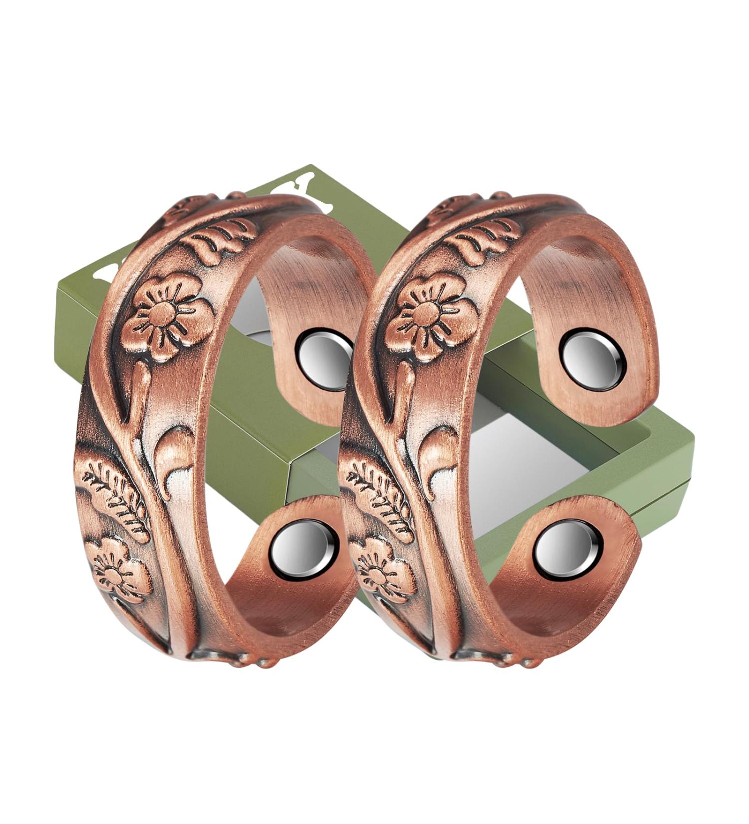 Yinox 2-Pack Copper Rings for Women | 99.9% Pure Copper Antique Flower Design Adjustable Health Benefits with 3 Magnets - Buy Online on GoSupps.com
