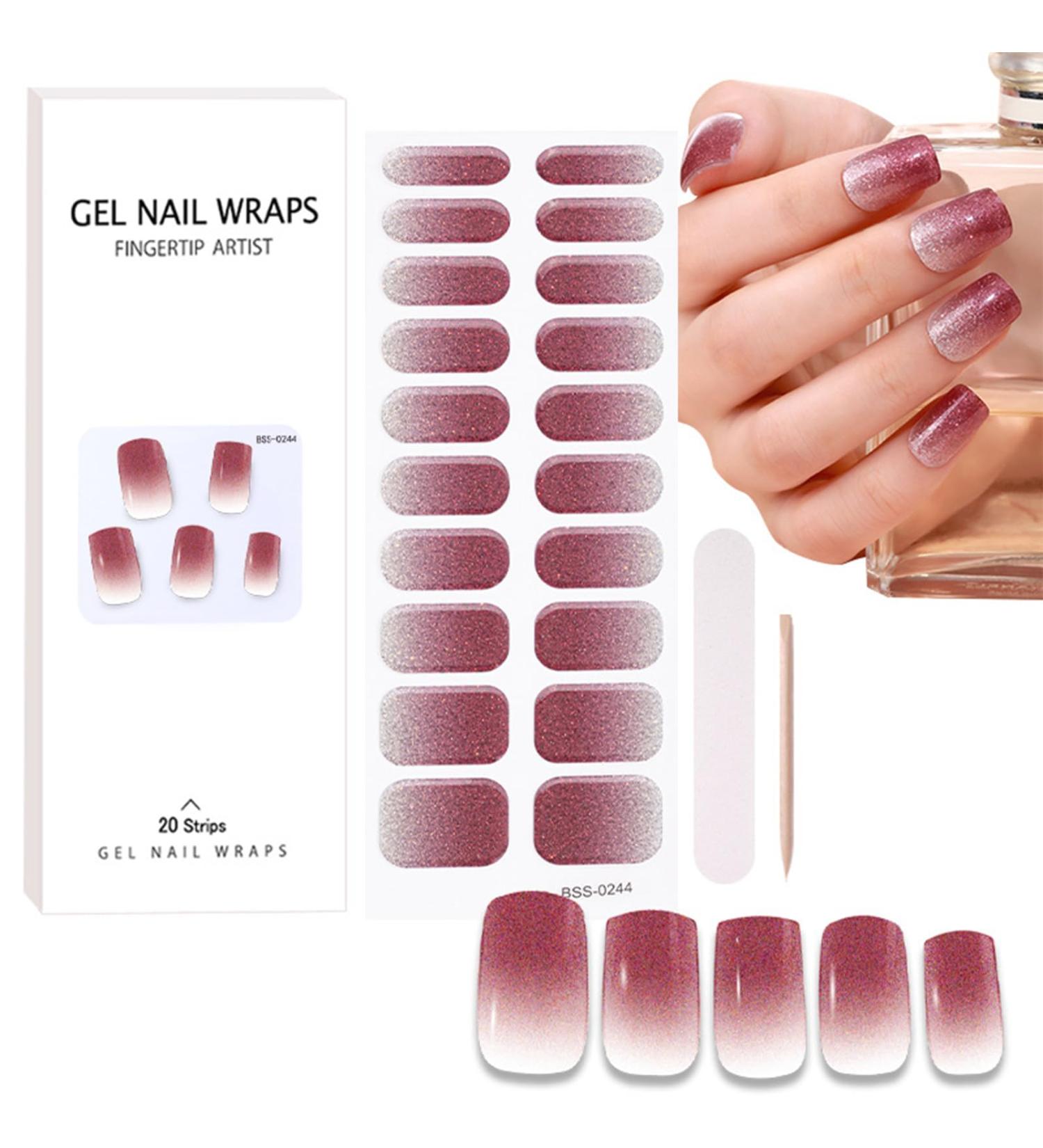 20PCS Semi Cured Gel Nails Gel Nail Stickers - Semi Cured Gel Nails Strips - Semi Cured Gel Nail Wraps - Glossy & Long Lasting Gel Nail Stickers Need UV Light (Gradient Shiny Design)