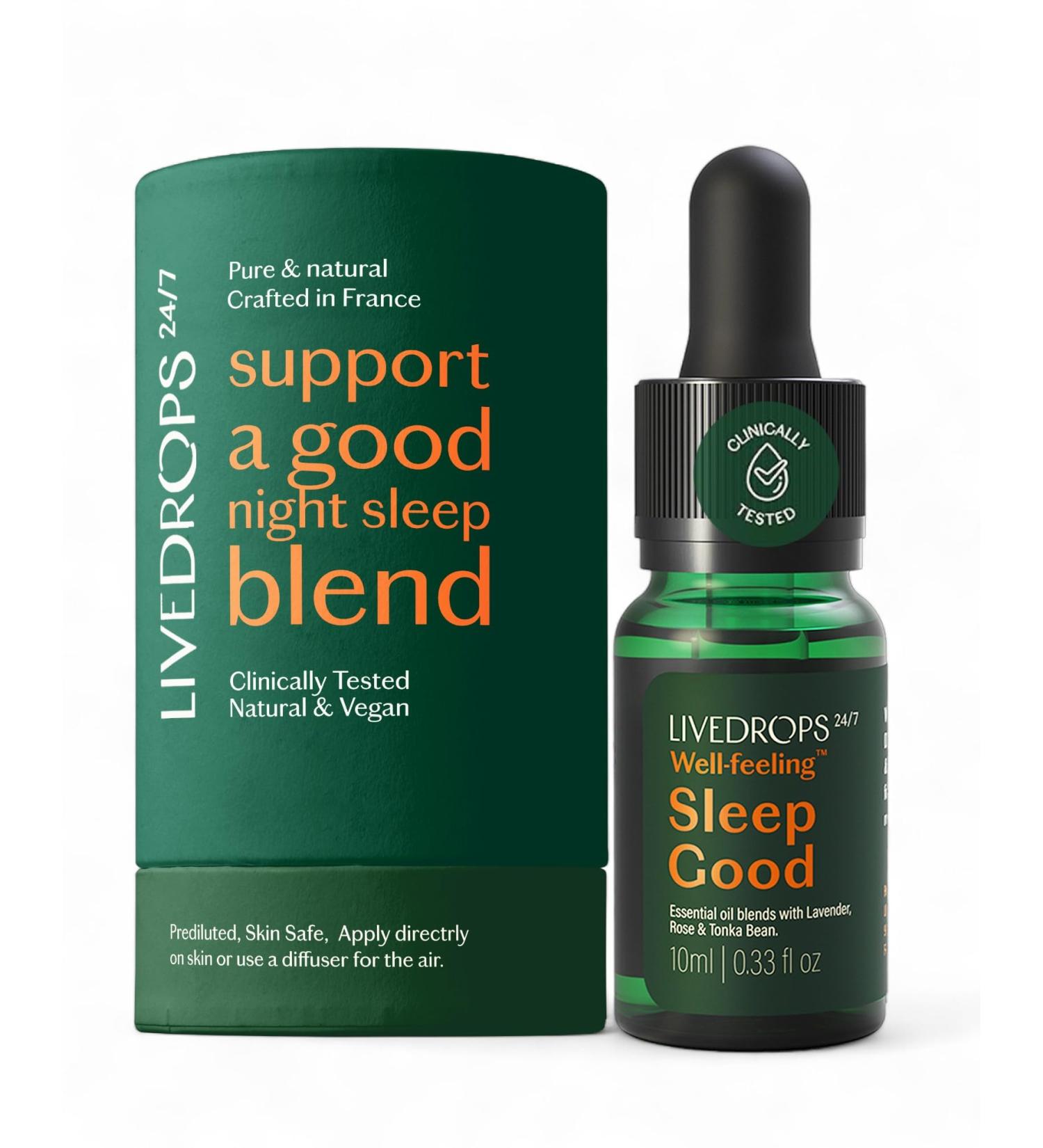 LIVEDROPS 24/7 Sleep Good Essential Oil Blend - Crafted in France - Lavender & Rose - Pure & Natural - Aromatherapy - Skin Safe & Diffuser Compatible - Clinically Tested - Buy Online on GoSupps.com