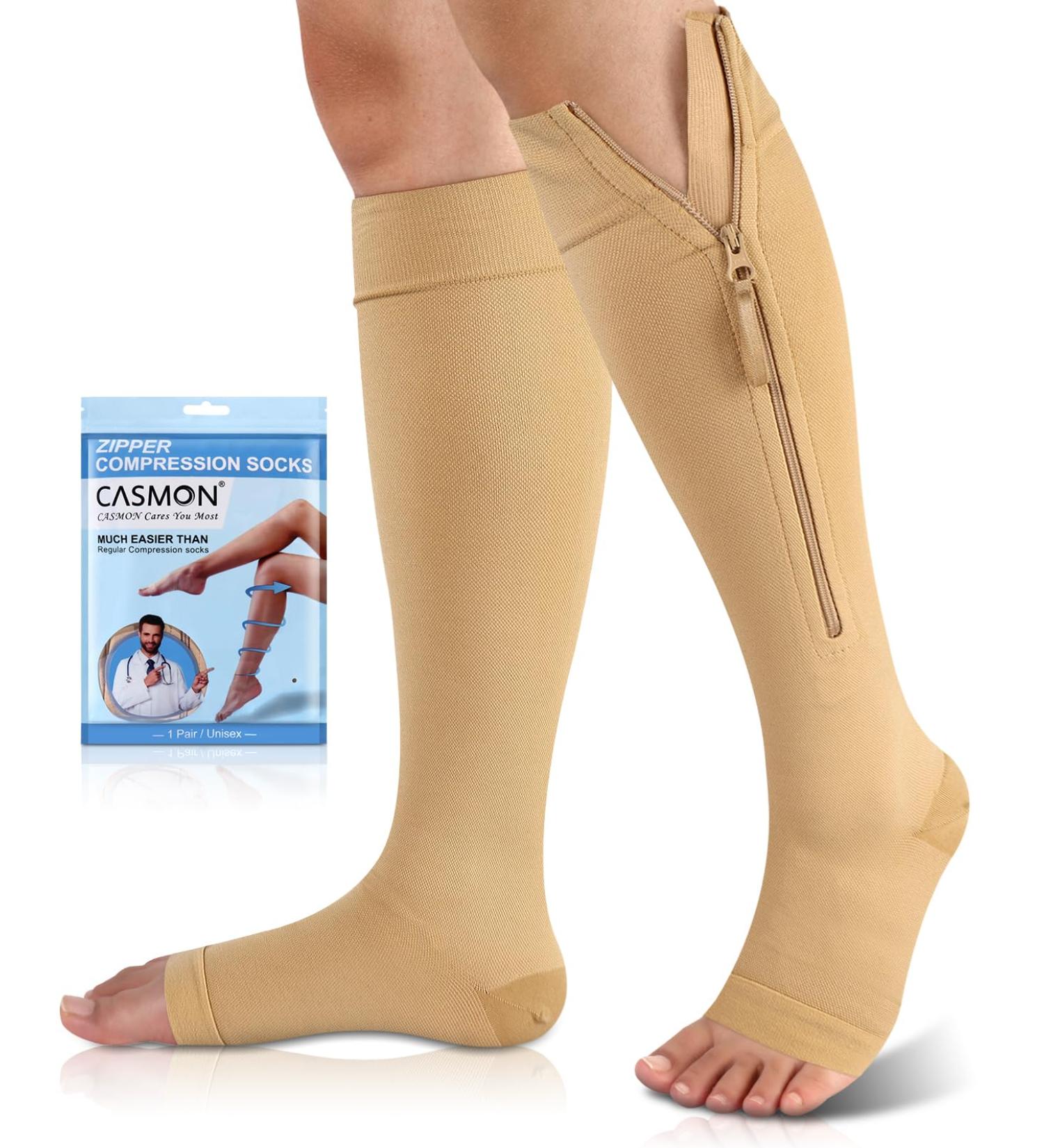 CASMON Knee High Compression Socks 15-20mmHg for Men & Women | Open Toe Support for Varicose Veins Post-Surgery & Swelling | X-Large Beige - 1 Pair - Buy Online on GoSupps.com