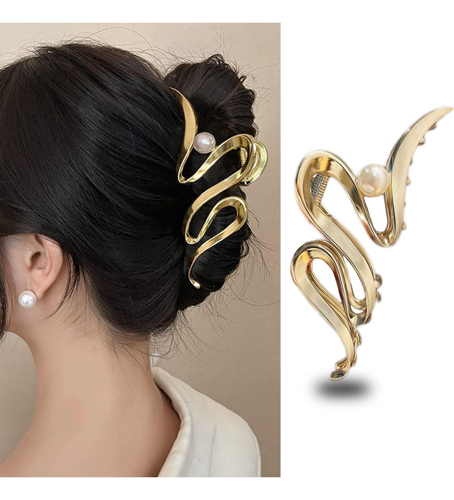 Gold Metallic Ribbon Pearl Hair Claw | Large Size, Strong Hold, Stylish Accessory for Women | 1Pc | Ideal for Thick & Thin Hair - Buy Online on GoSupps.com