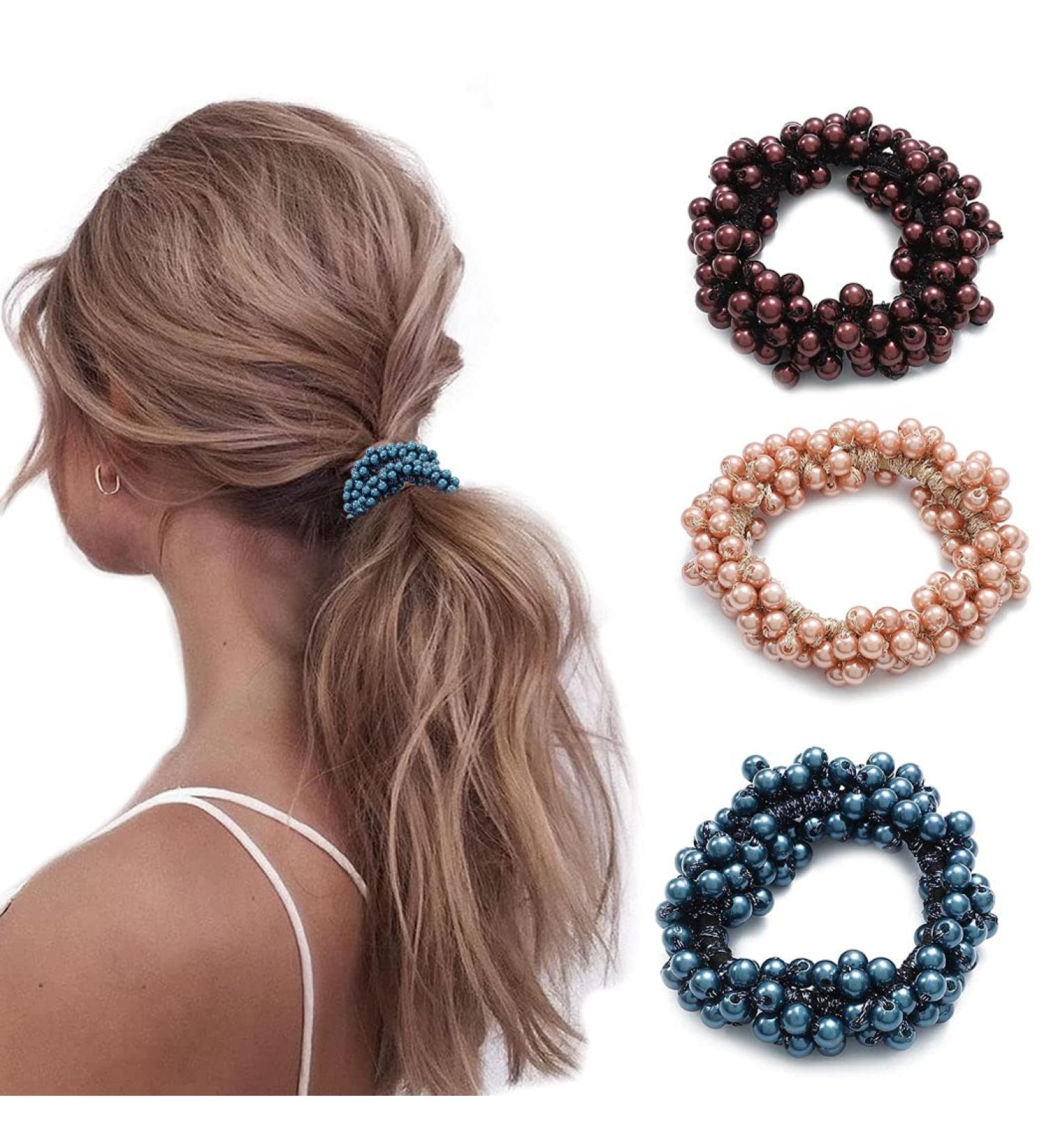 Brinie Champagne Elastic Hair Scrunchies - Pearl Hair Bands Set for Women and Girls (Pack of 3) - Buy Online on GoSupps.com