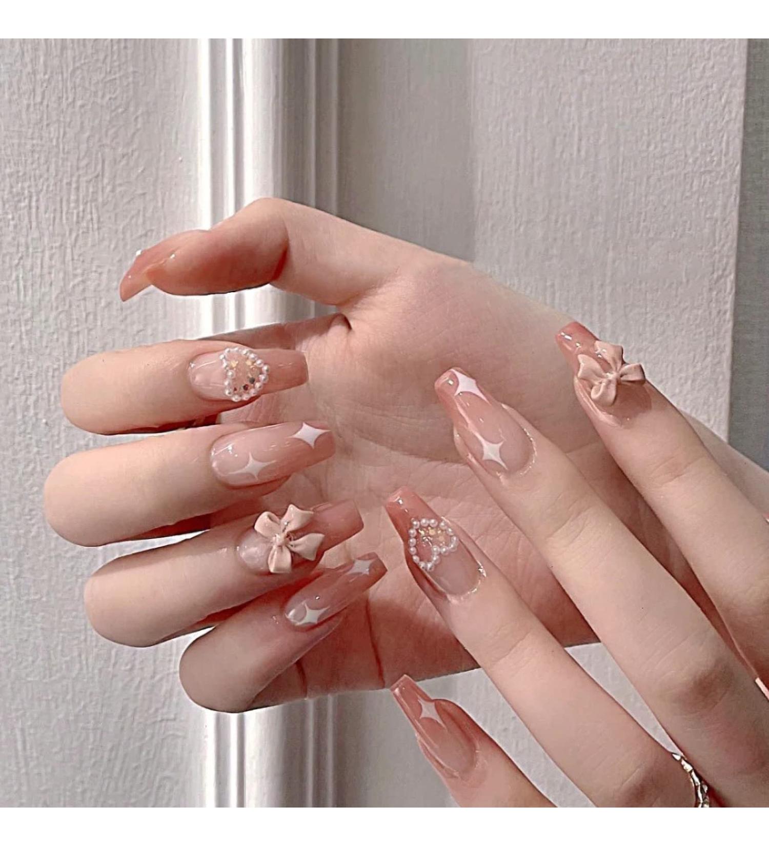 BABALAL Medium Gradient Pink Acrylic Press on Nails - Cute Ballerina False Tips with Bow Design for Women and Girls - Buy Online on GoSupps.com